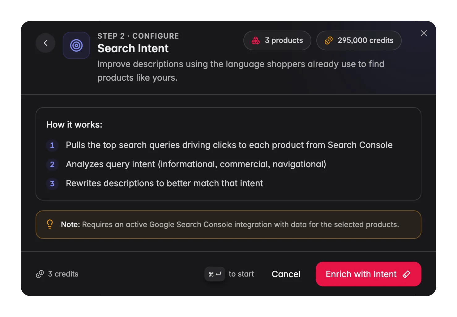 Search Intent enrichment in WISEPIM, rewrites descriptions to match real GSC search queries
