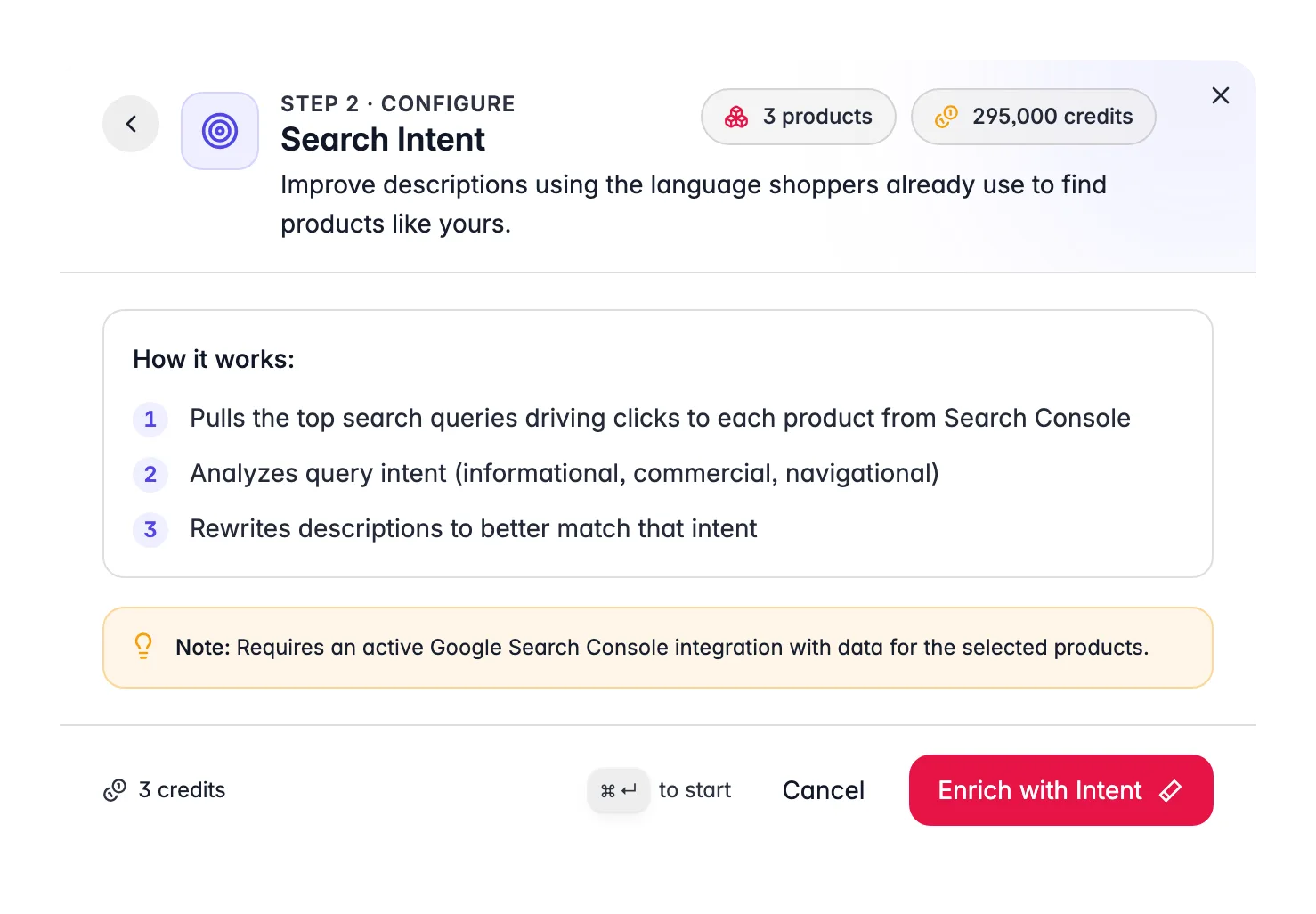 Search Intent enrichment in WISEPIM, rewrites descriptions to match real GSC search queries