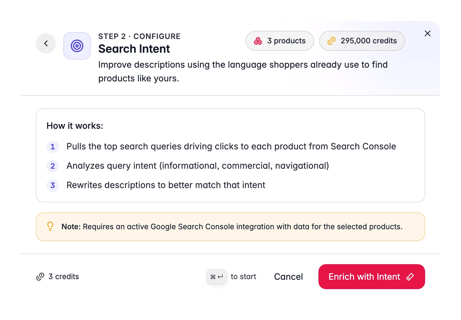 Search Intent enrichment in WISEPIM, rewrites descriptions to match real GSC search queries