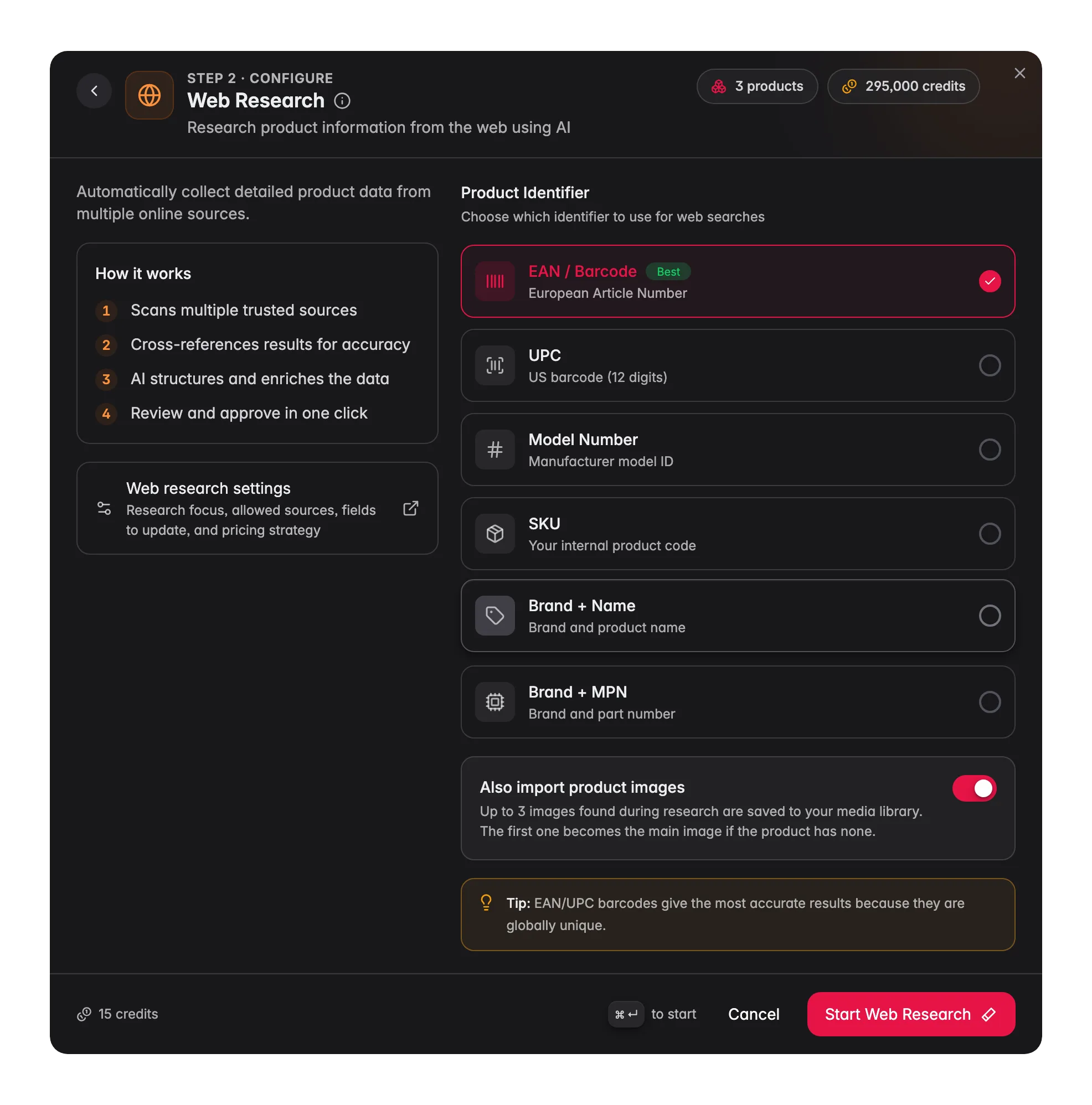 Enriching products with AI, web research in WISEPIM