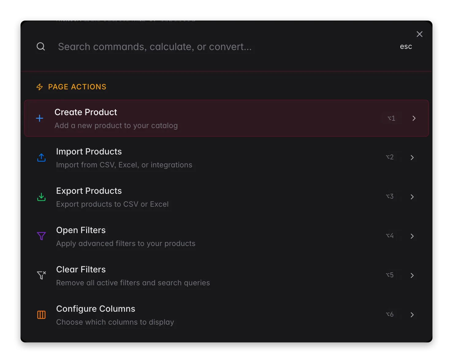 WISEPIM command menu (⌘K) with context-aware page actions for the products view