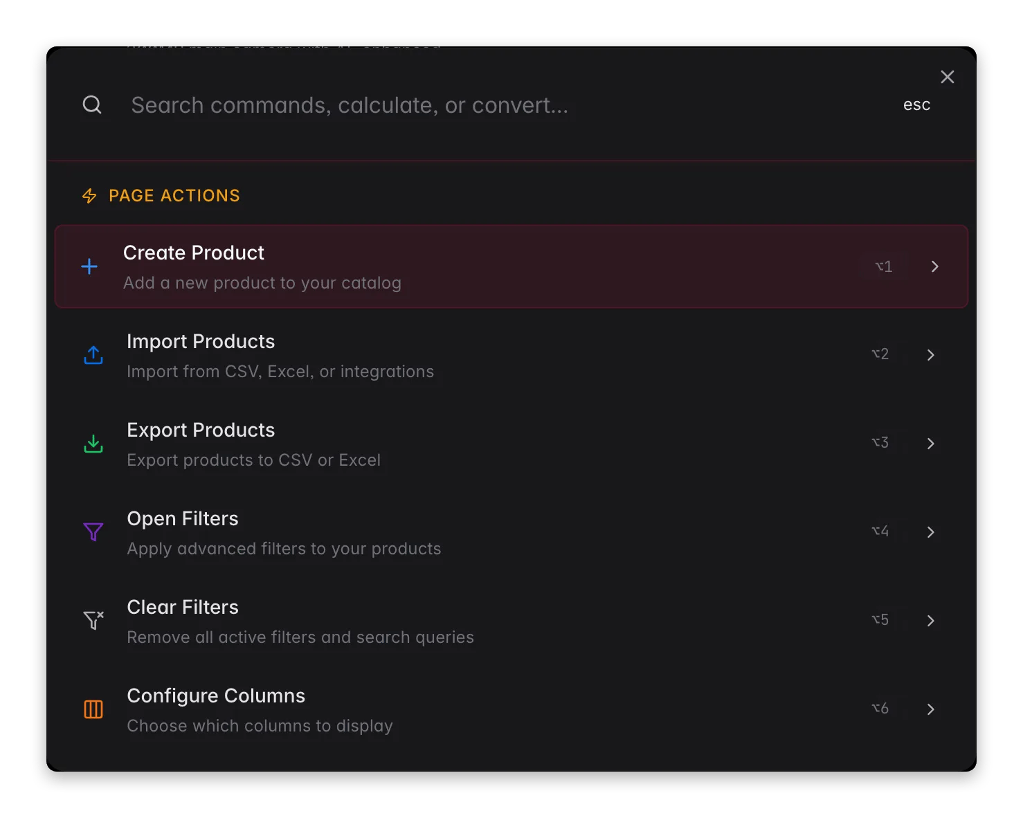 WISEPIM command menu (⌘K) with context-aware page actions for the products view