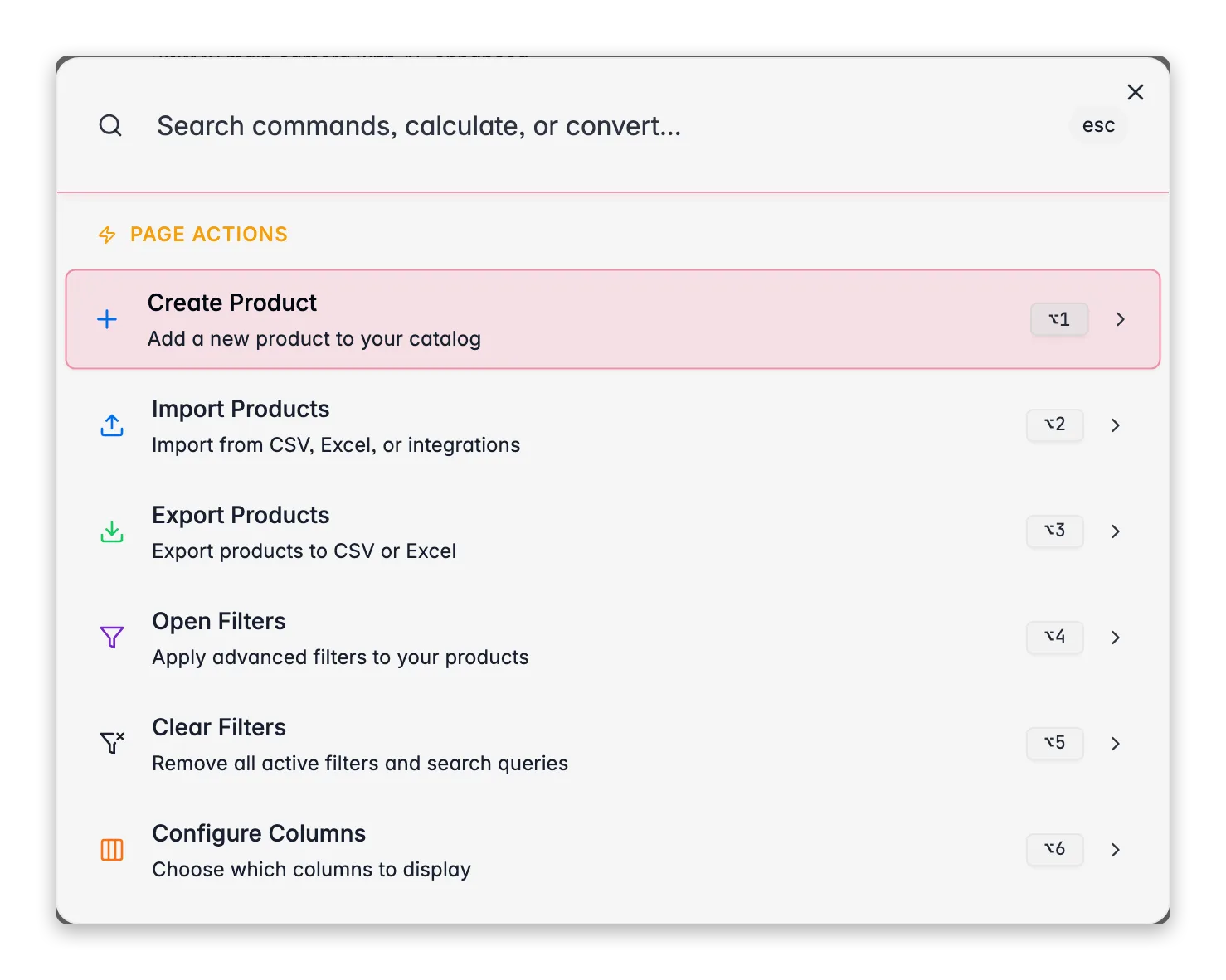 WISEPIM command menu (⌘K) with context-aware page actions for the products view