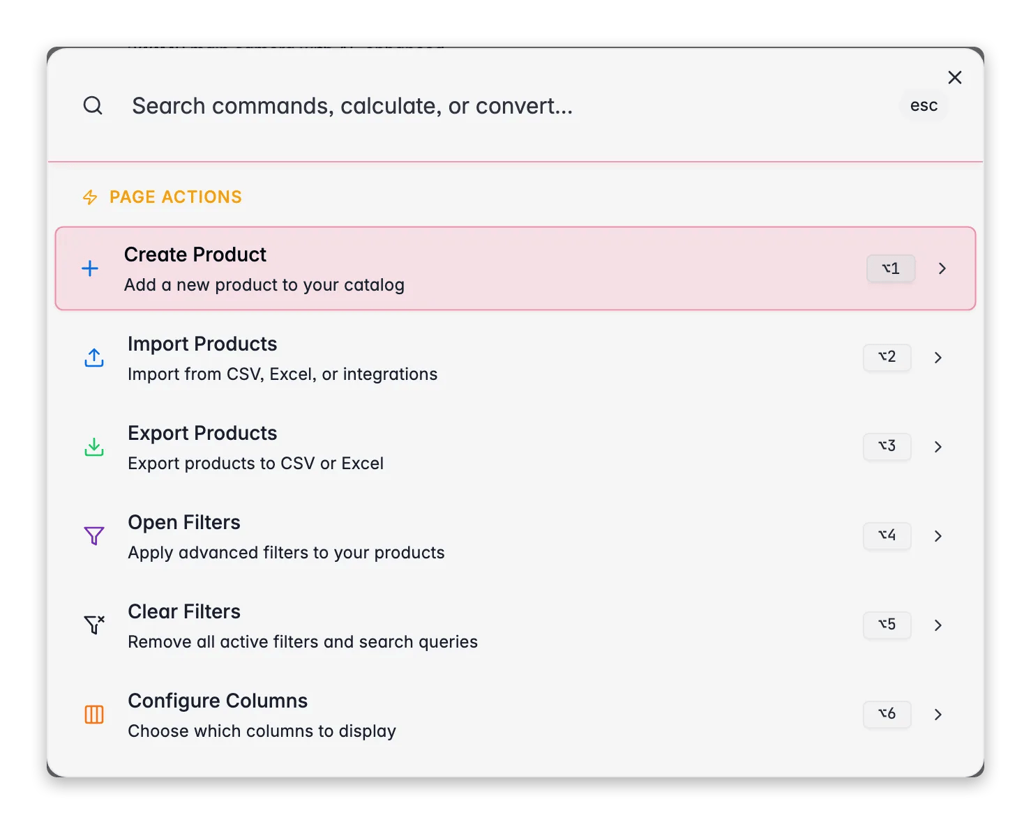 WISEPIM command menu (⌘K) with context-aware page actions for the products view