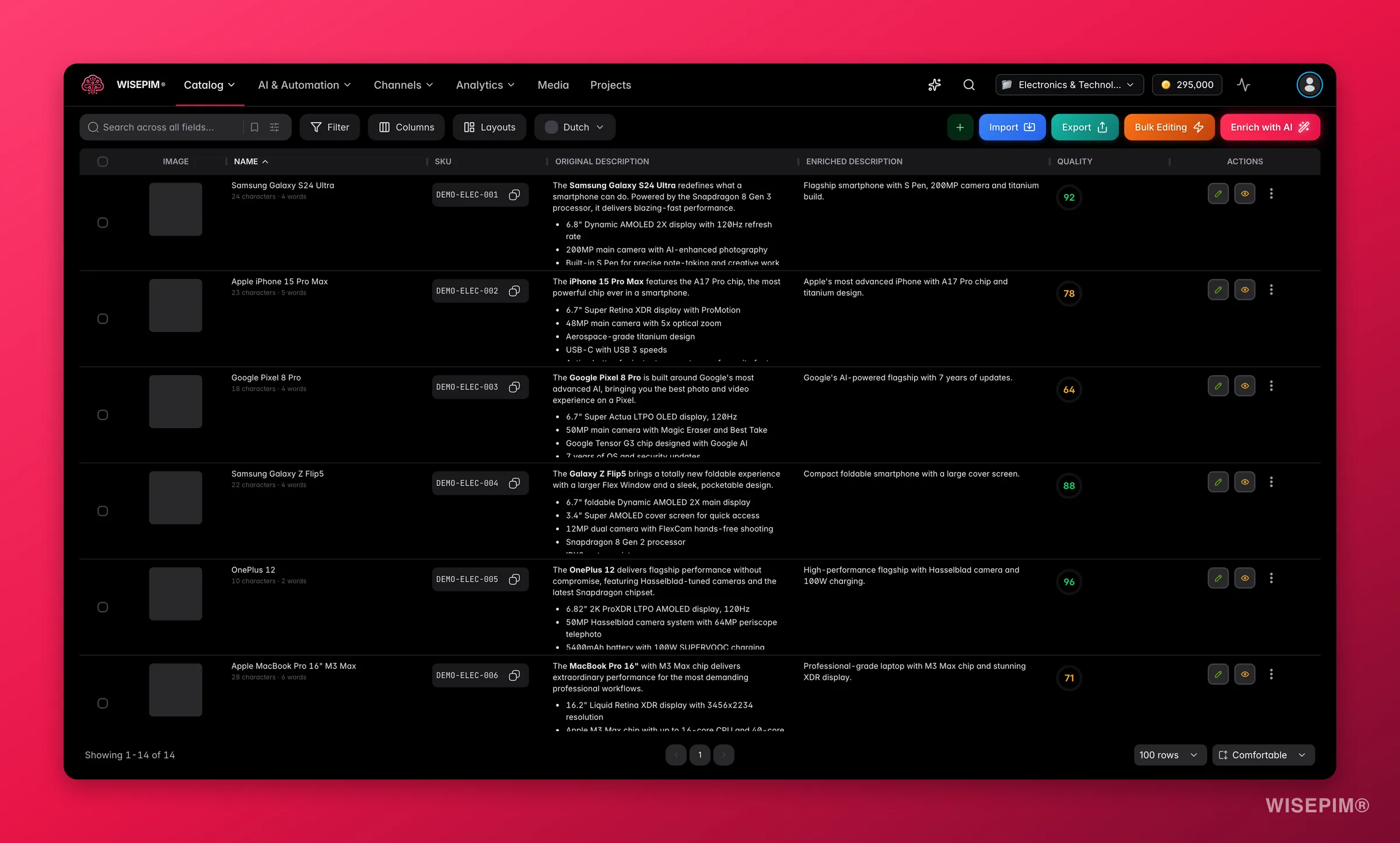 WISEPIM products with the Ask AI assistant proposing catalog fixes beside the table