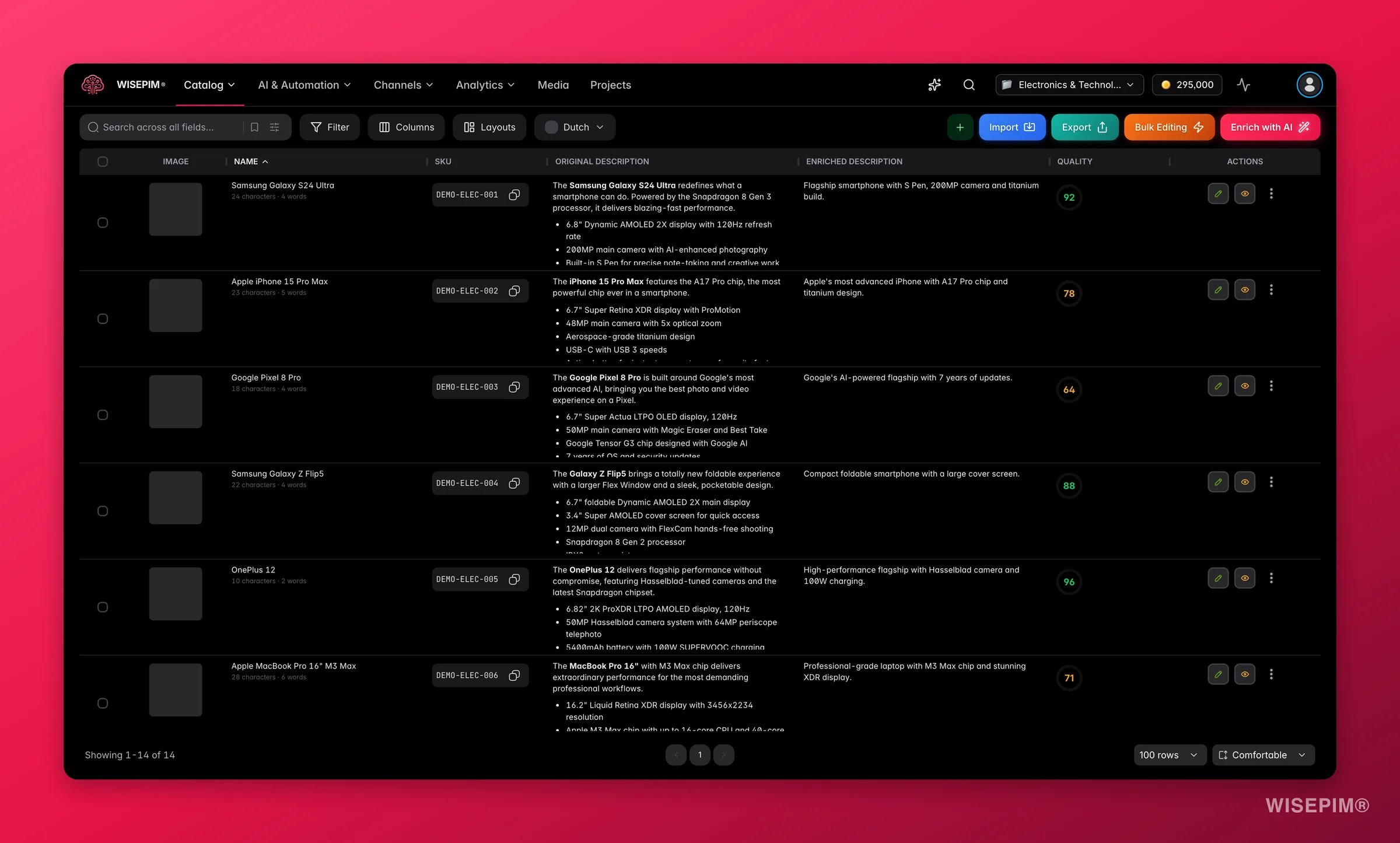 WISEPIM products with the Ask AI assistant proposing catalog fixes beside the table