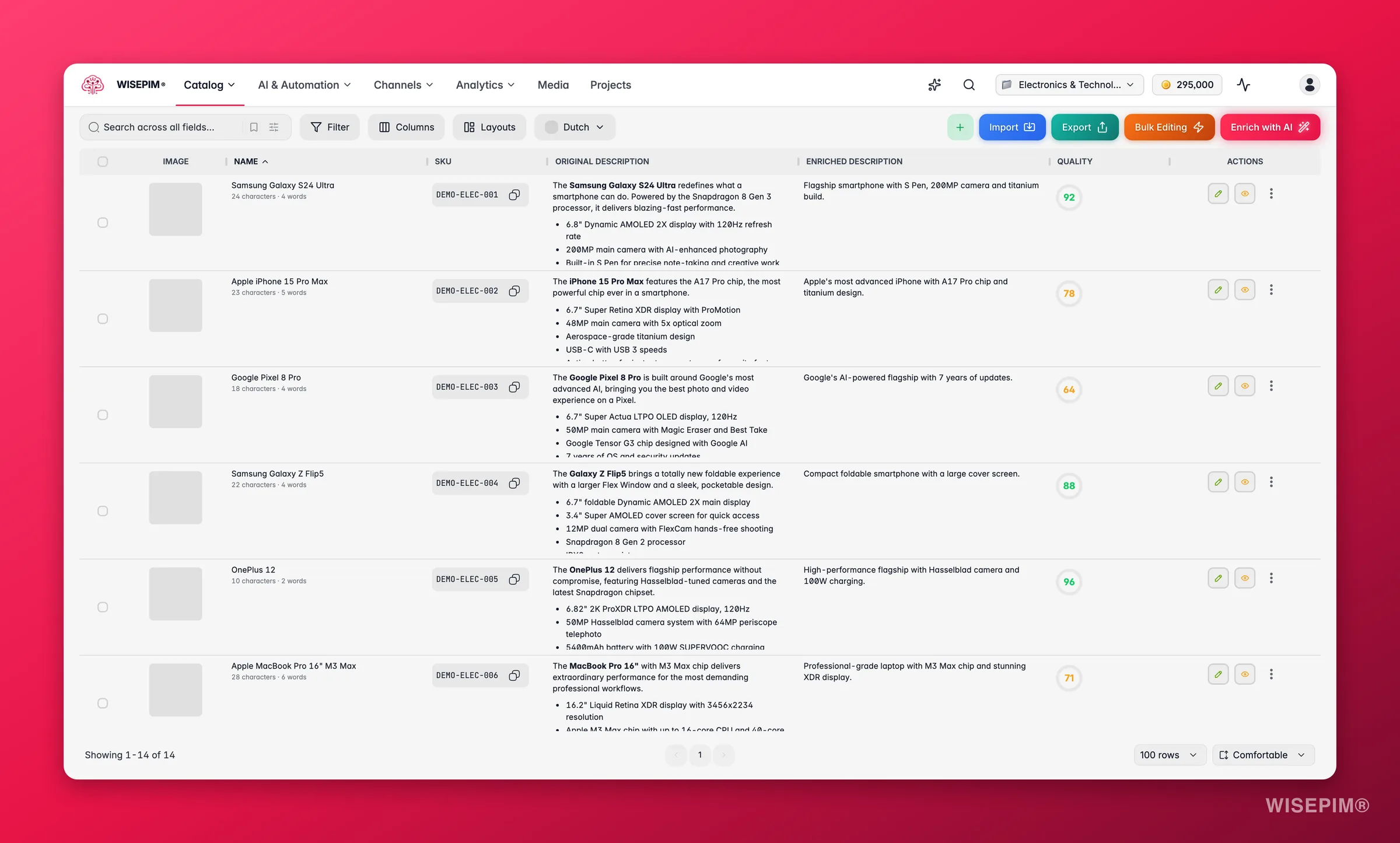 WISEPIM products with the Ask AI assistant proposing catalog fixes beside the table