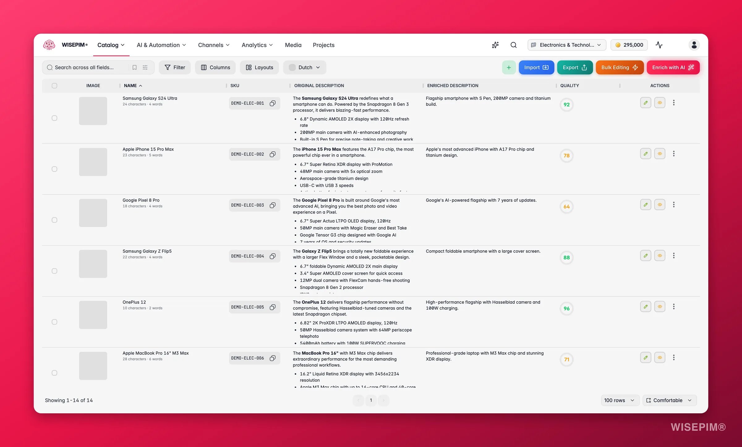WISEPIM products with the Ask AI assistant proposing catalog fixes beside the table