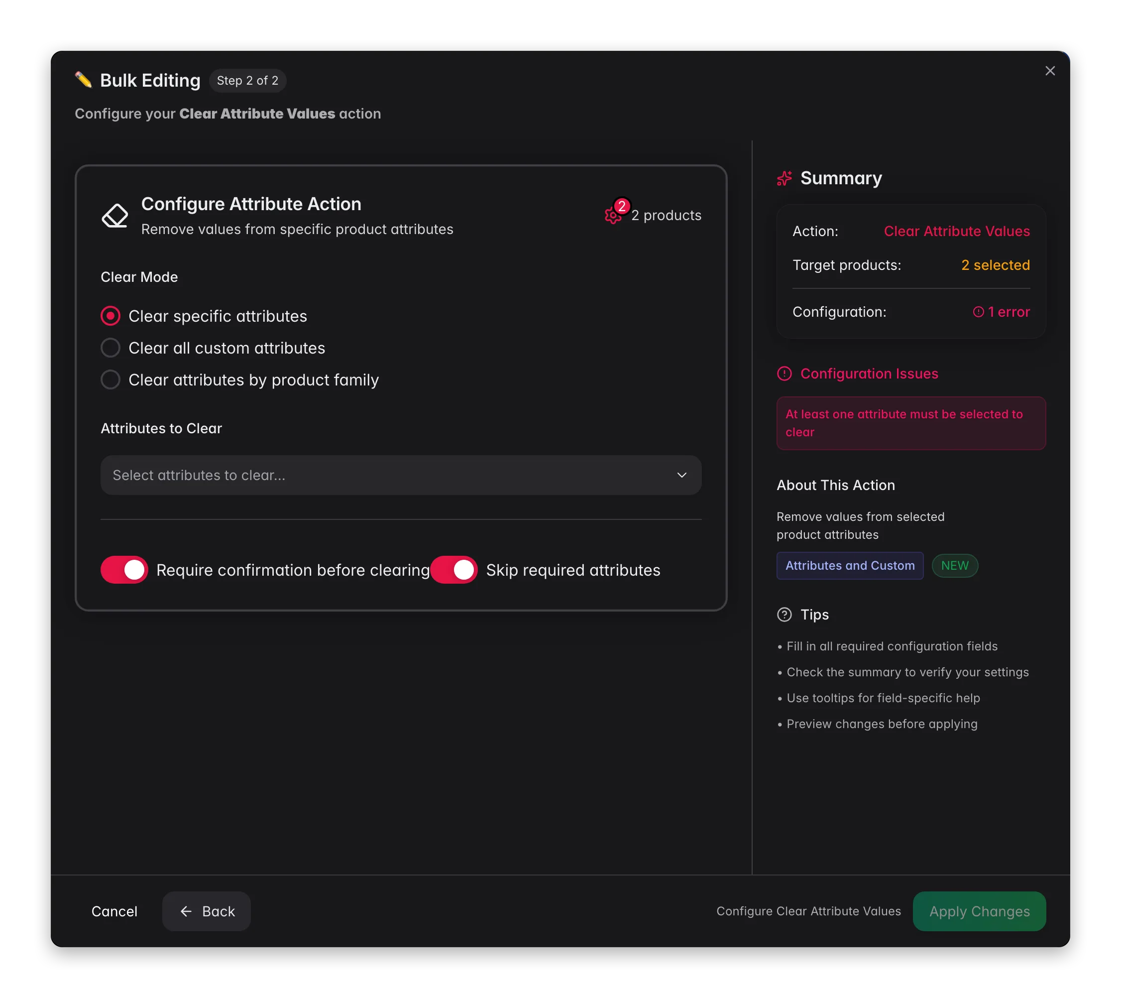 Bulk editing, Clear Attribute Values across many products at once in WISEPIM