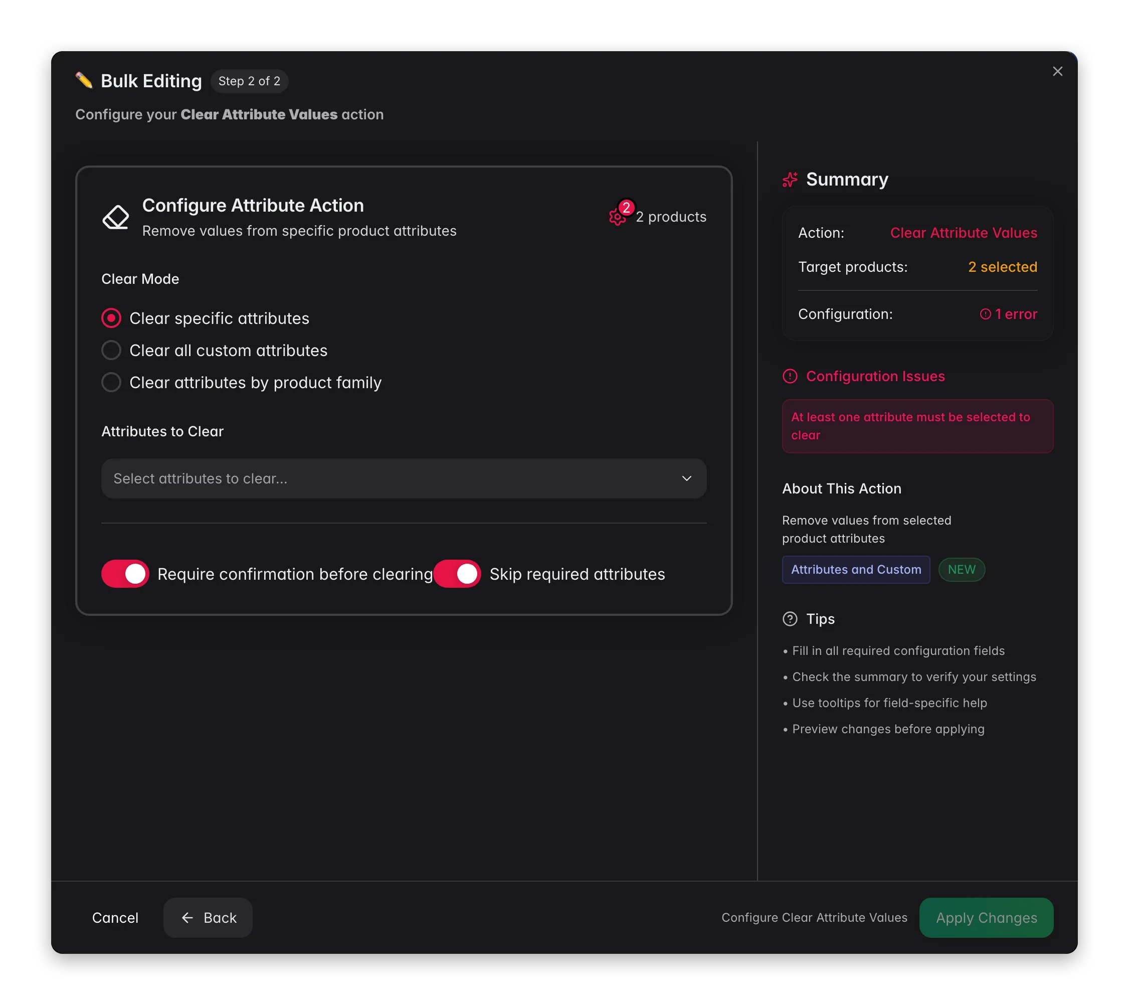 Bulk editing, Clear Attribute Values across many products at once in WISEPIM