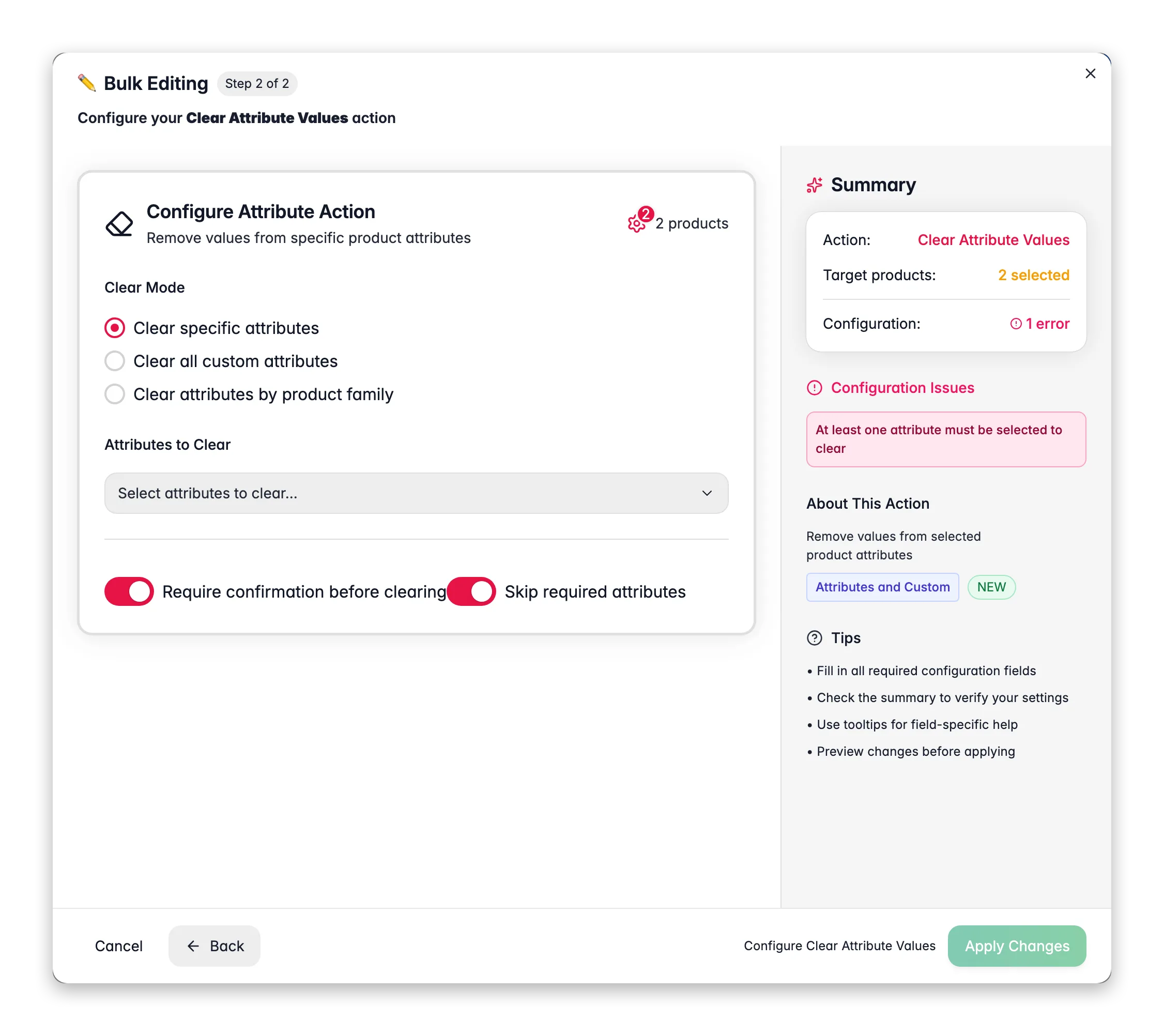 Bulk editing, Clear Attribute Values across many products at once in WISEPIM