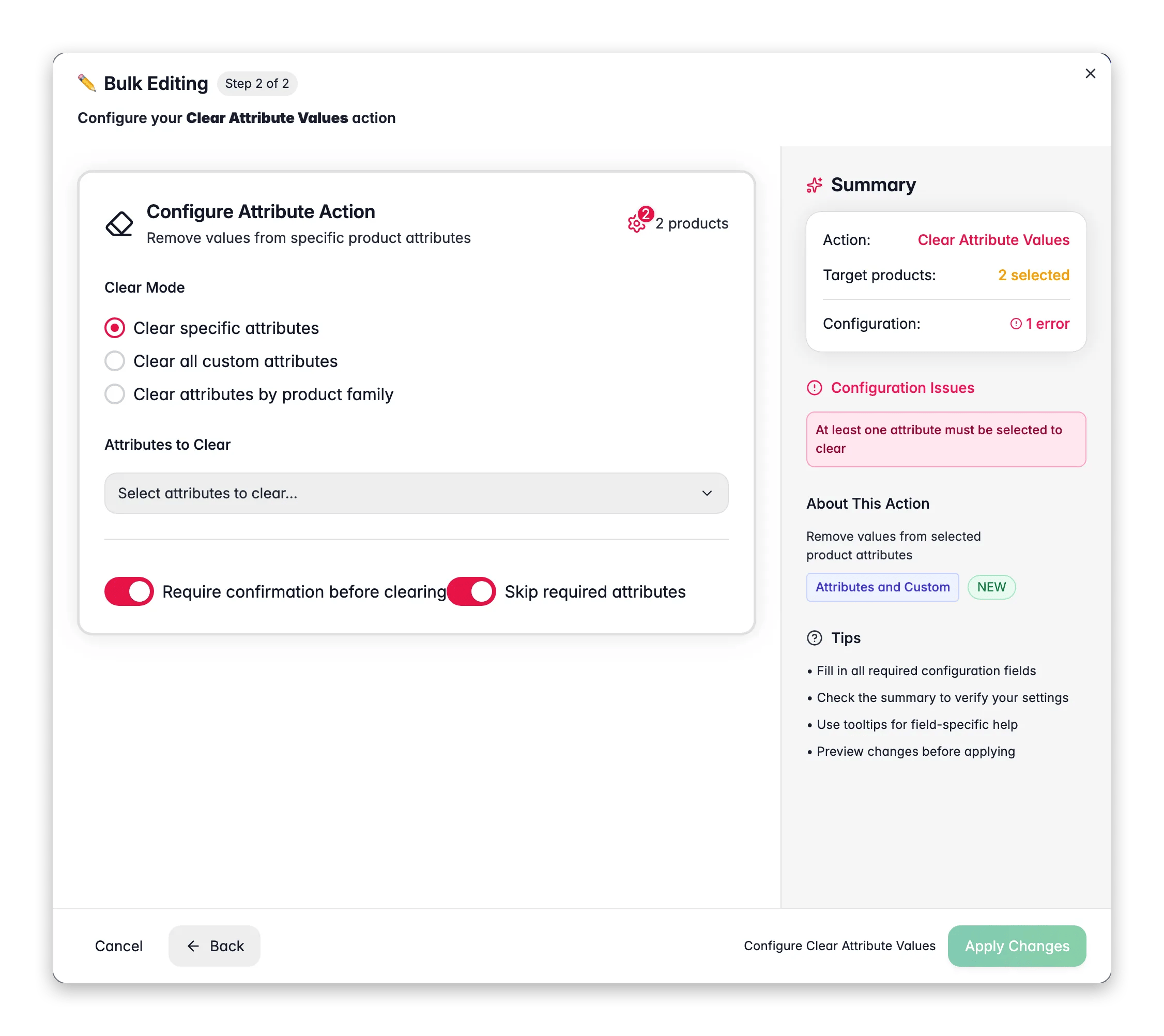 Bulk editing, Clear Attribute Values across many products at once in WISEPIM