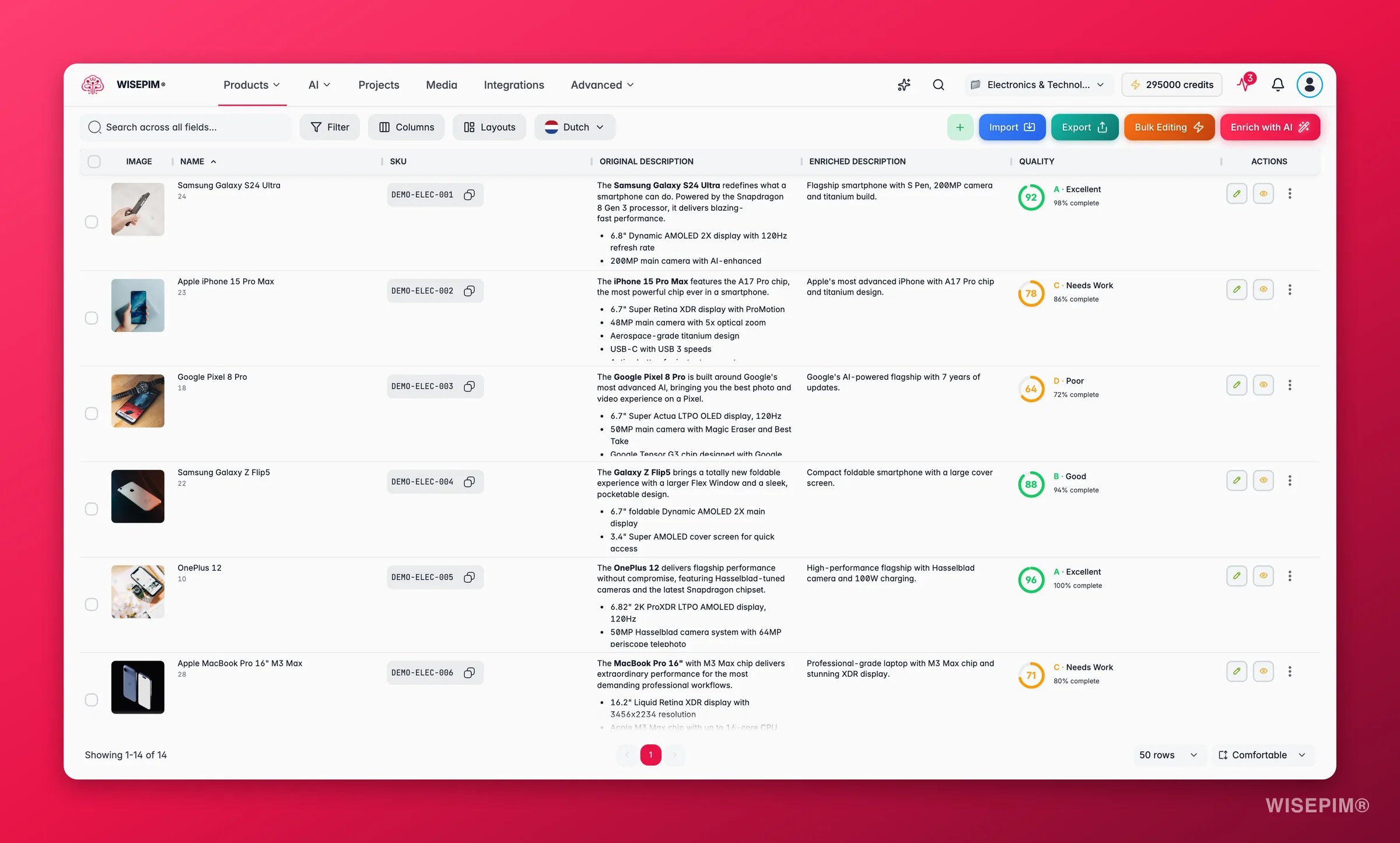 WISEPIM products table with images, categories, quality scores and bulk actions