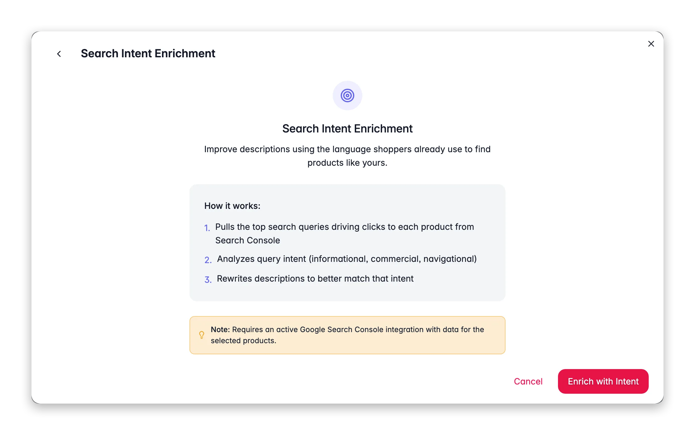 Search Intent enrichment in WISEPIM, rewrites descriptions to match real GSC search queries