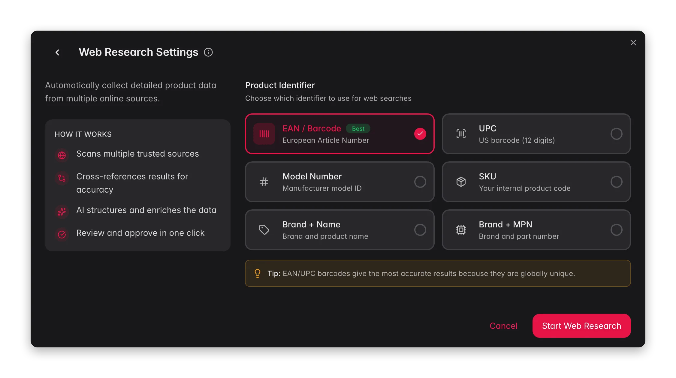 Enriching products with AI, web research in WISEPIM
