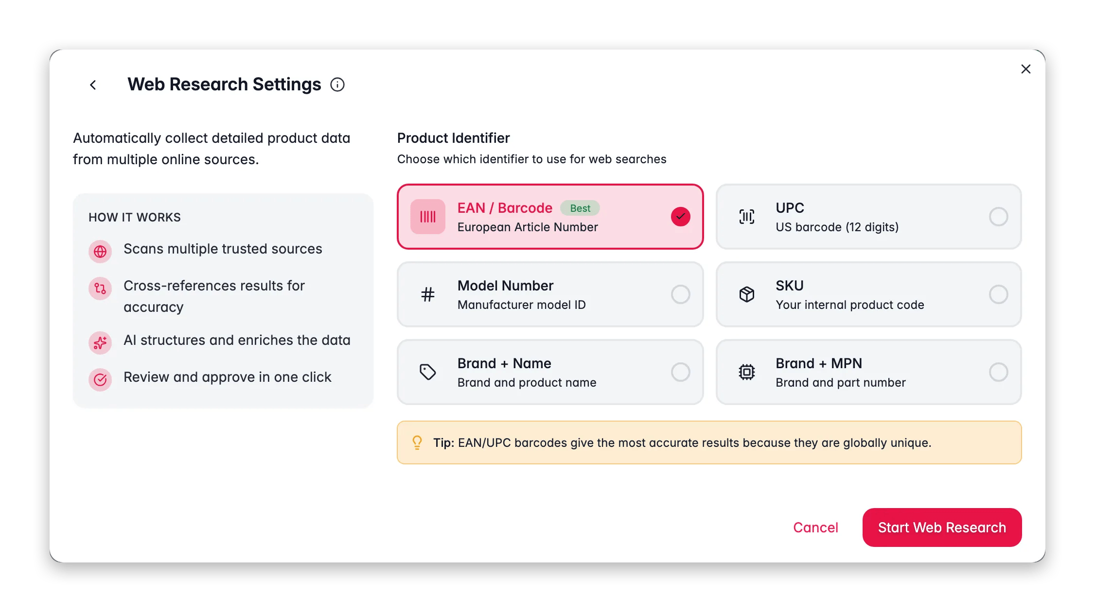 Enriching products with AI, web research in WISEPIM