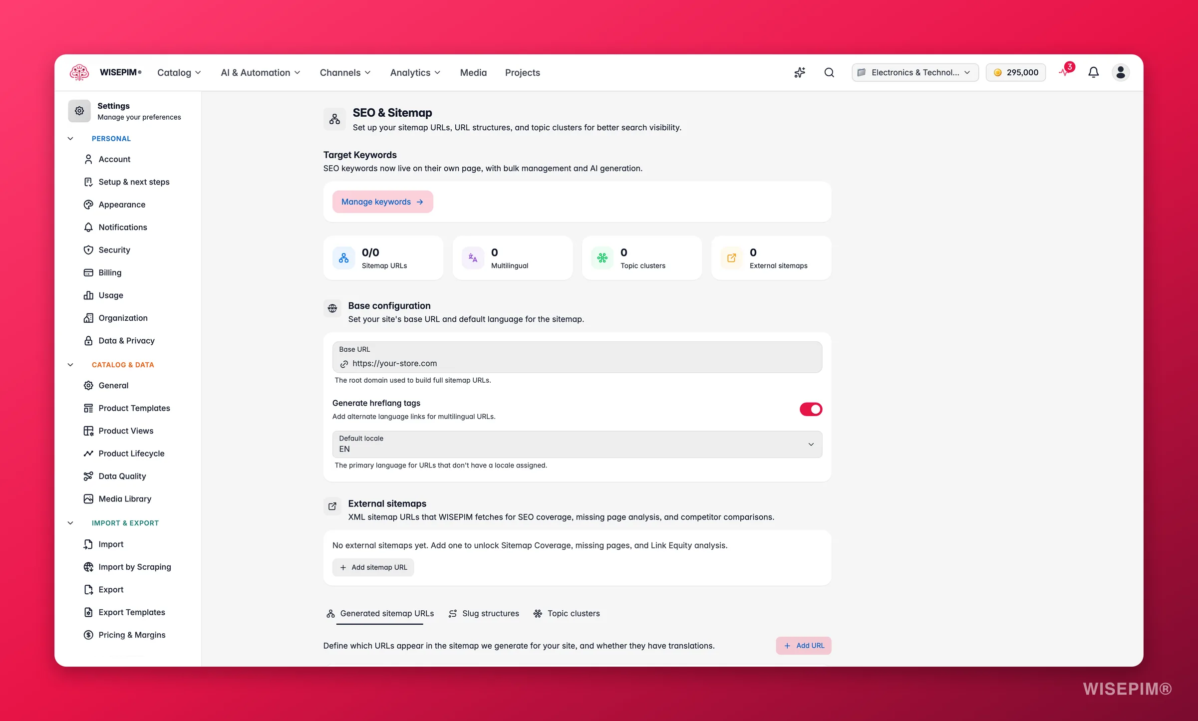 WISEPIM SEO defaults for titles, meta and structured data