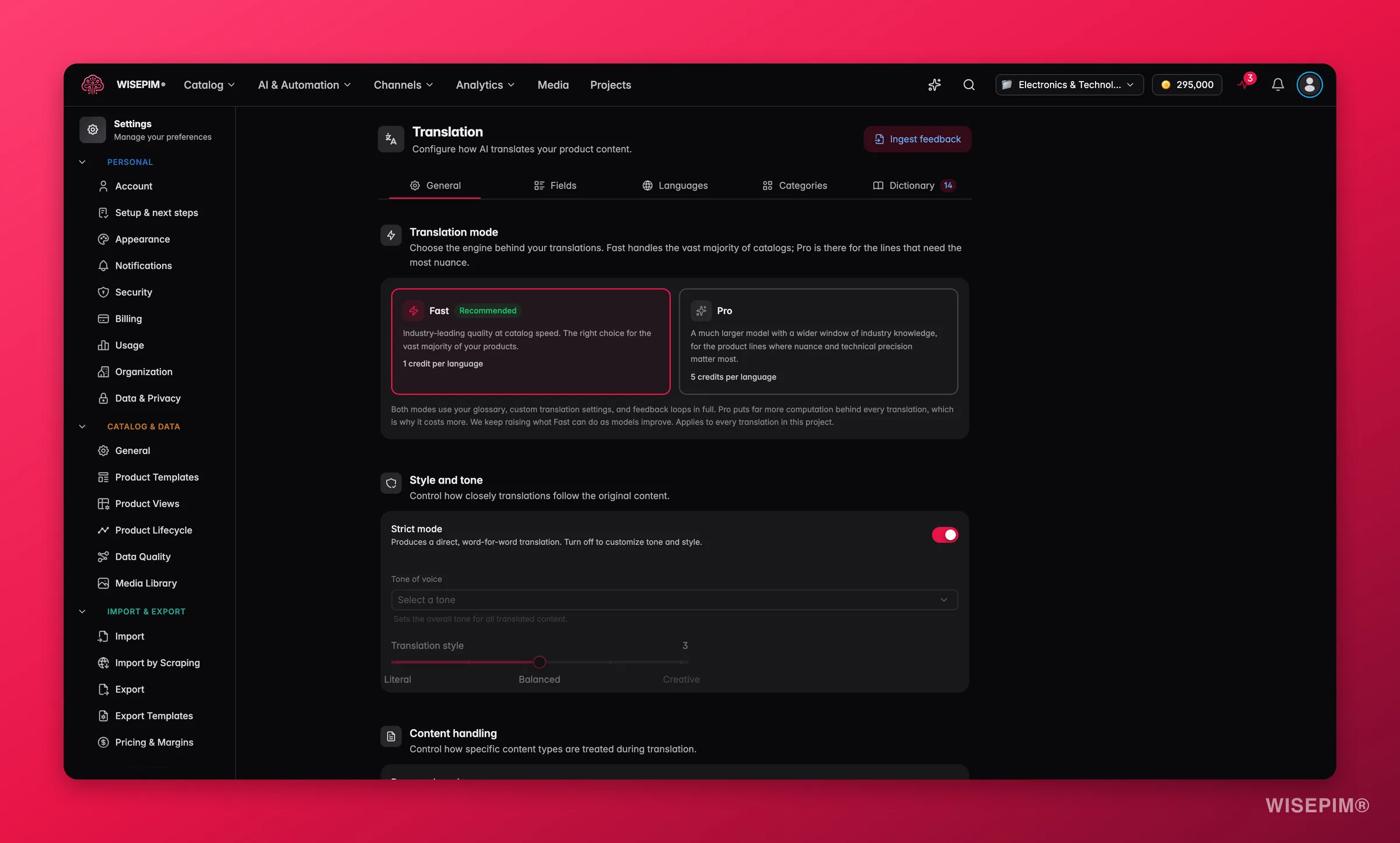 WISEPIM translation settings with tone, fields and language controls