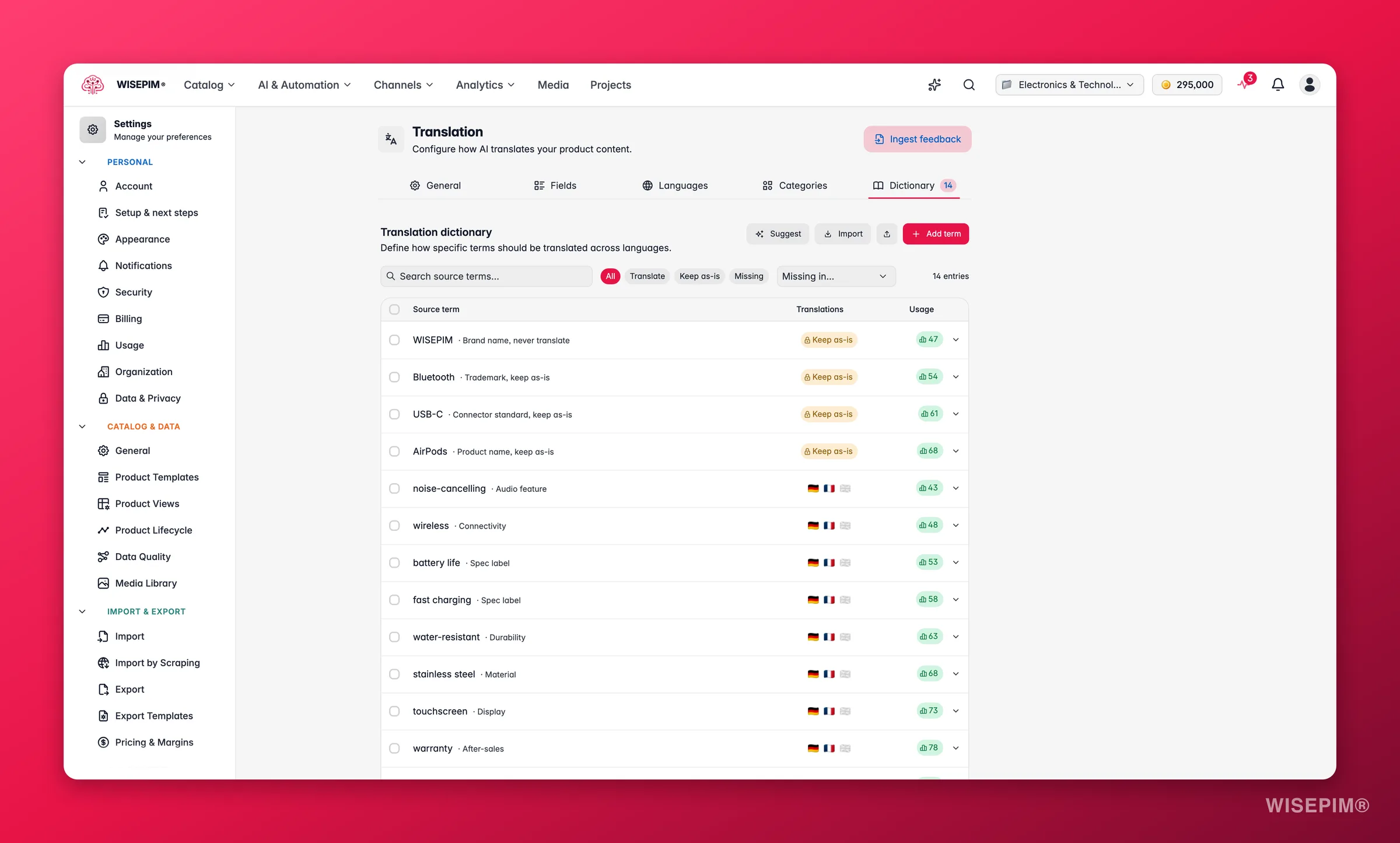 WISEPIM translation dictionary with multilingual term mappings and do-not-translate brand terms