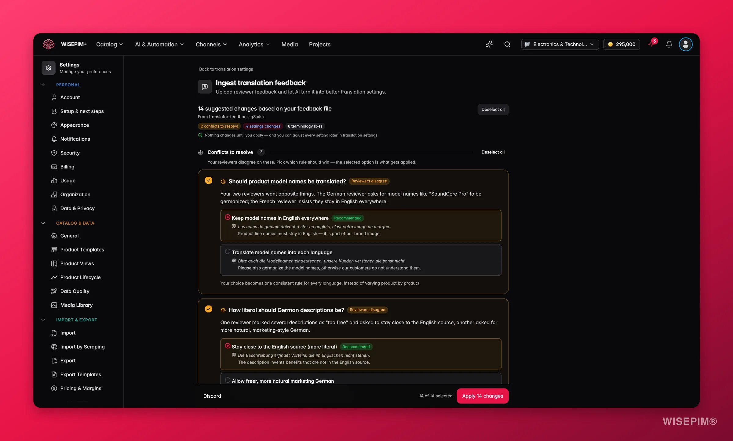 Revisión de feedback de traducción de WISEPIM con conflictos de revisores por resolver, cambios de ajustes explicados y correcciones de terminología en bloque