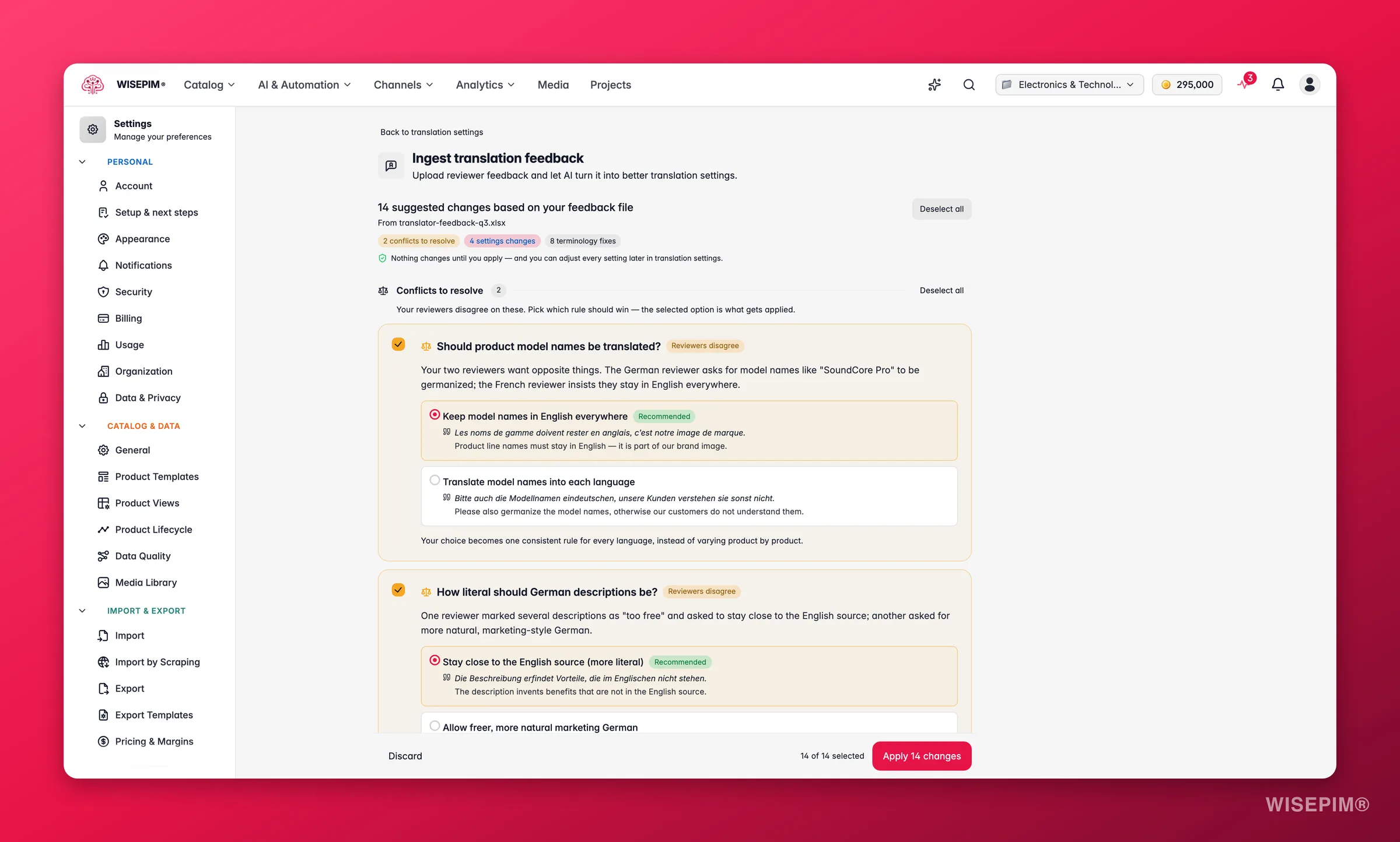WISEPIM-review van vertaalfeedback met op te lossen reviewerconflicten, toegelichte instellingswijzigingen en terminologiecorrecties in bulk