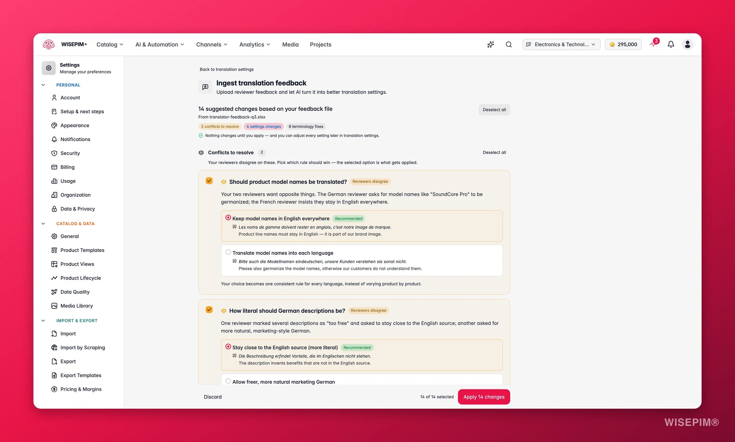 Revisión de feedback de traducción de WISEPIM con conflictos de revisores por resolver, cambios de ajustes explicados y correcciones de terminología en bloque