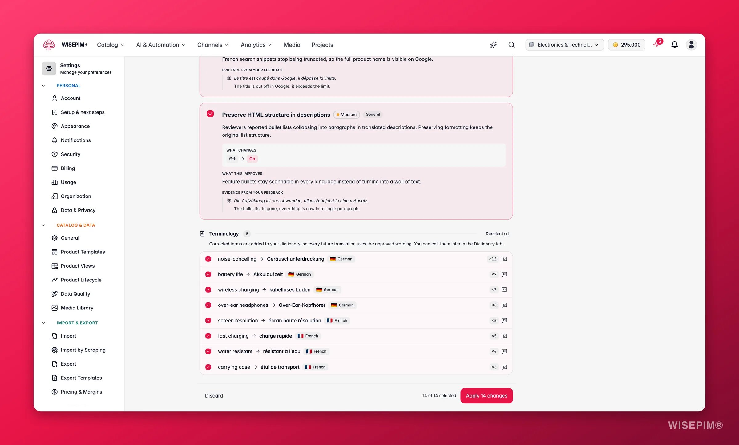 Correcciones de terminología del feedback de traducción de WISEPIM: pares de términos corregidos por idioma con la frecuencia con la que los revisores señalaron cada uno