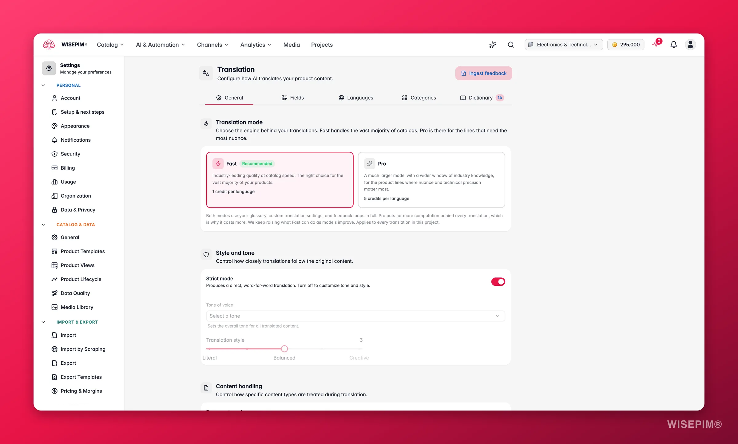WISEPIM translation settings with tone, fields and language controls