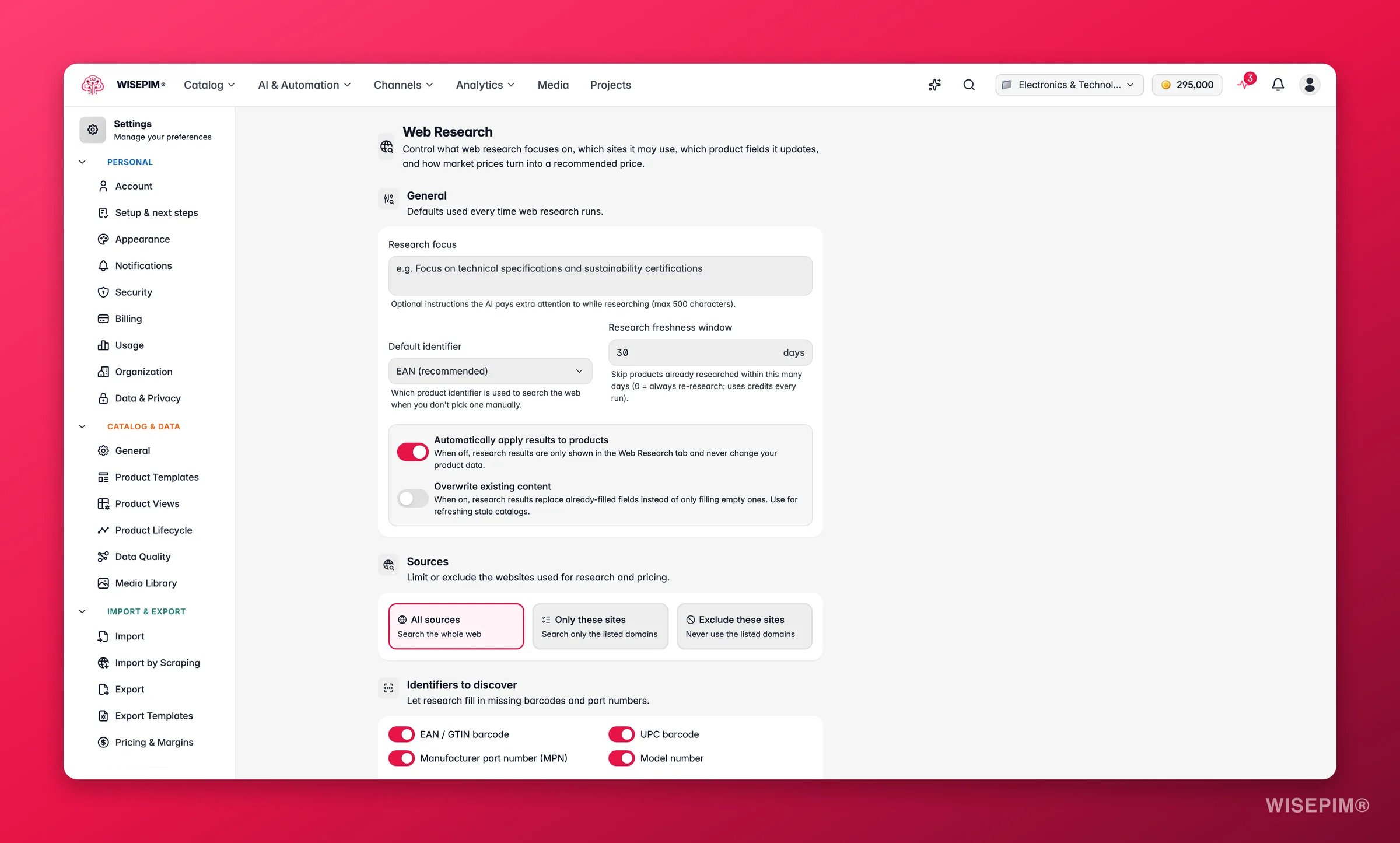 Ajustes de investigación web de WISEPIM - enfoque, fuentes permitidas, campos a actualizar y estrategia de precios