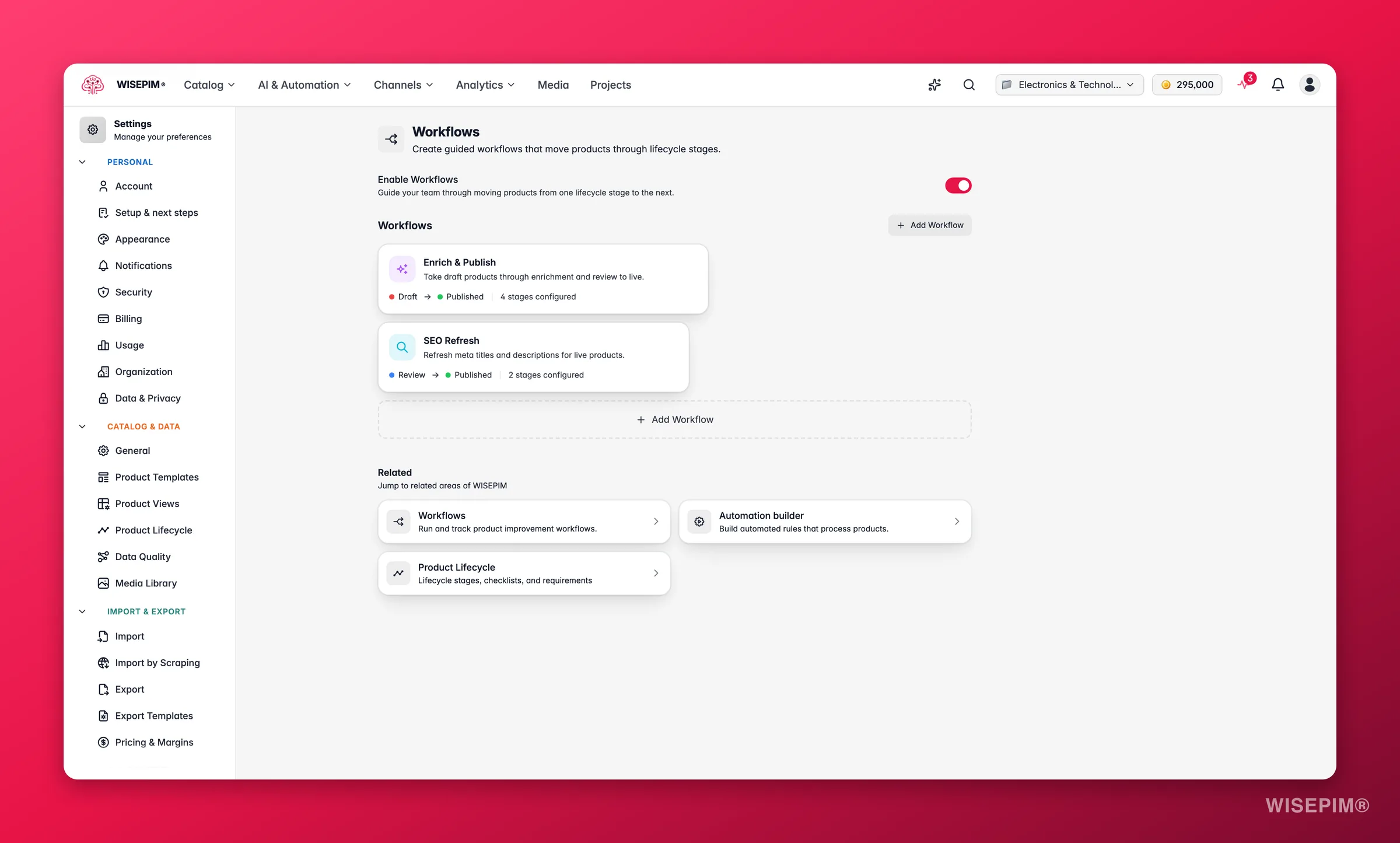 WISEPIM-Produkt-Workflows, die Produkte vom Entwurf über Anreicherung und Prüfung bis live führen