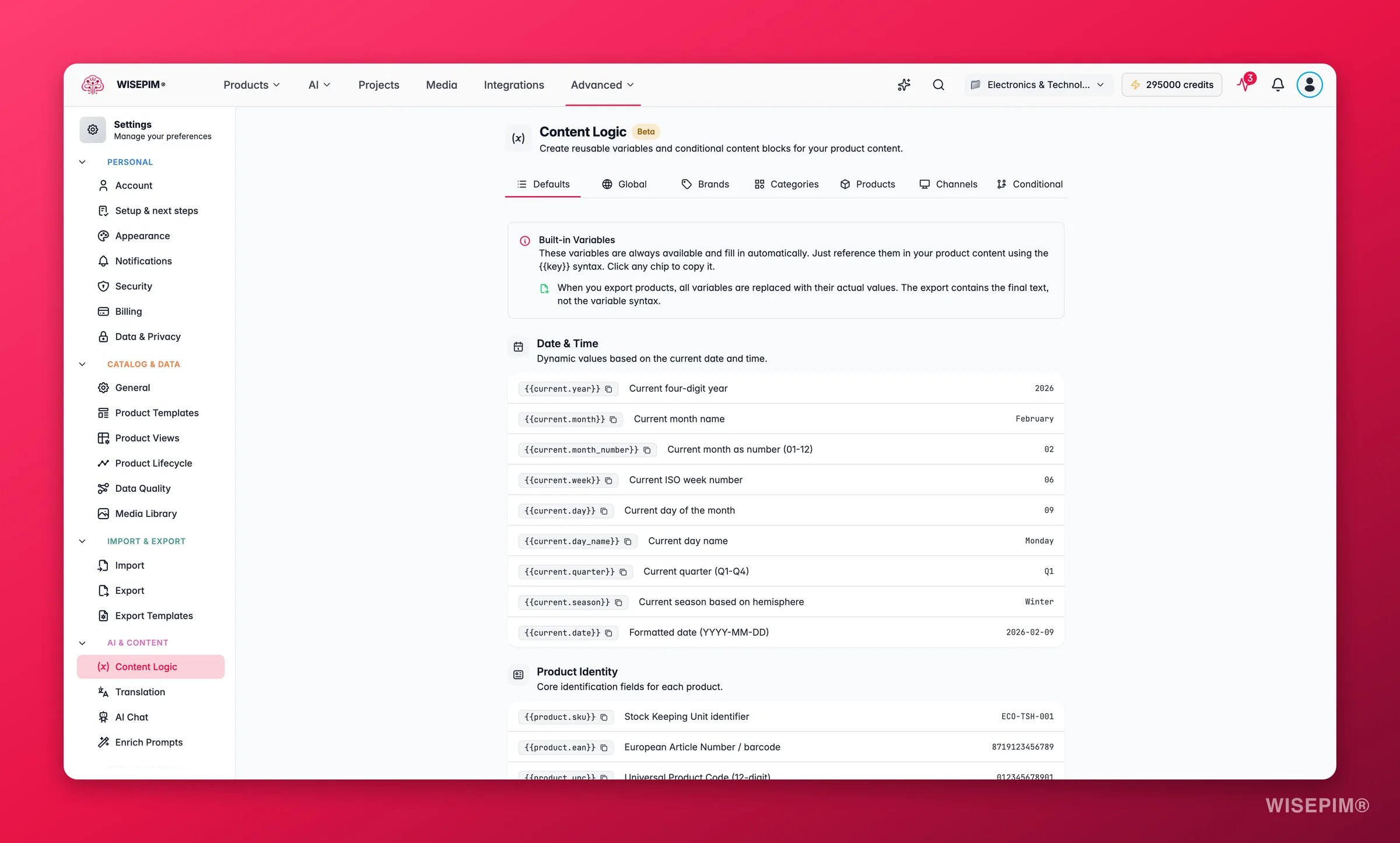 WISEPIM content logic builder with reusable variables, formulas and channel rules