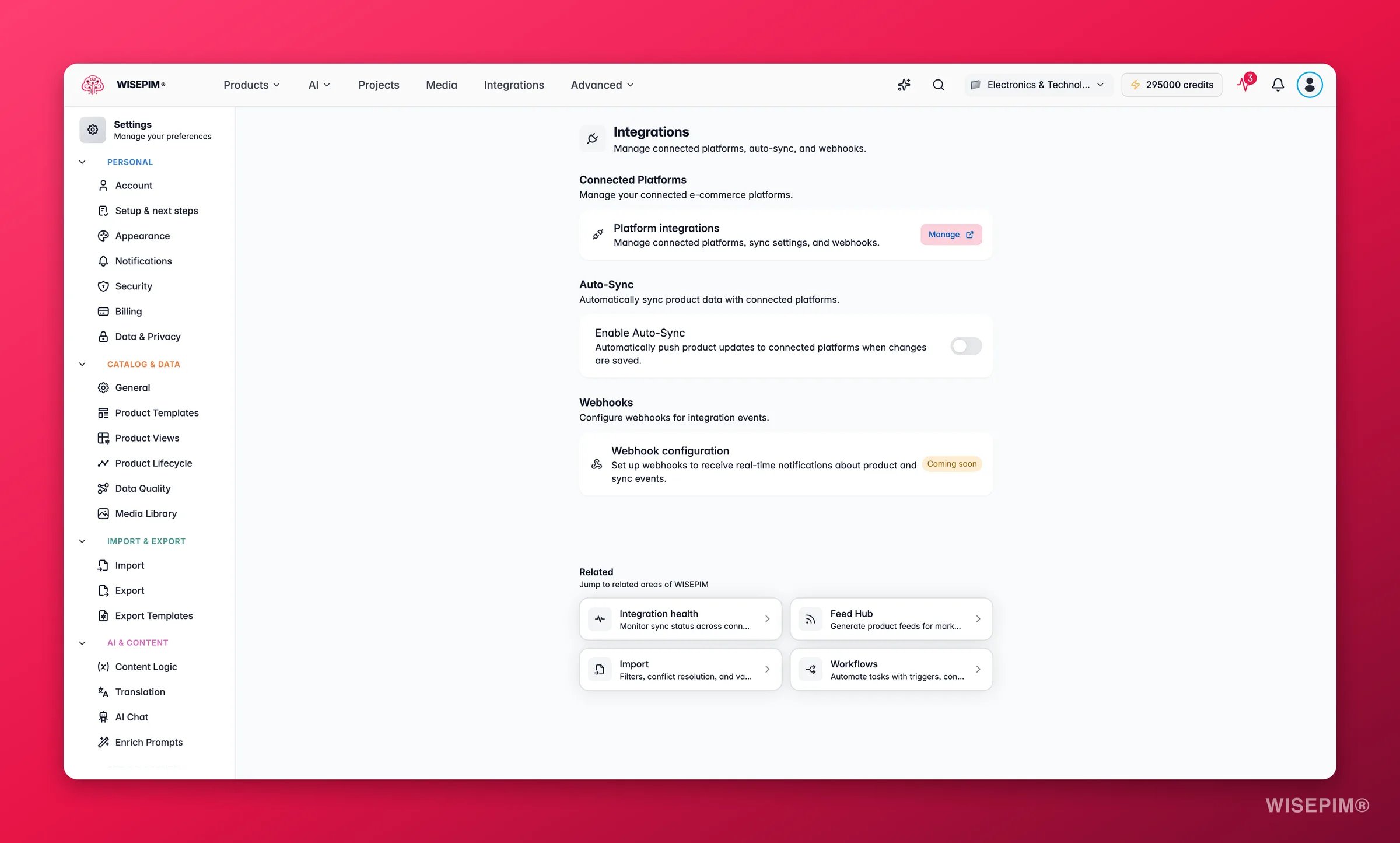 WISEPIM integration settings and connected channels