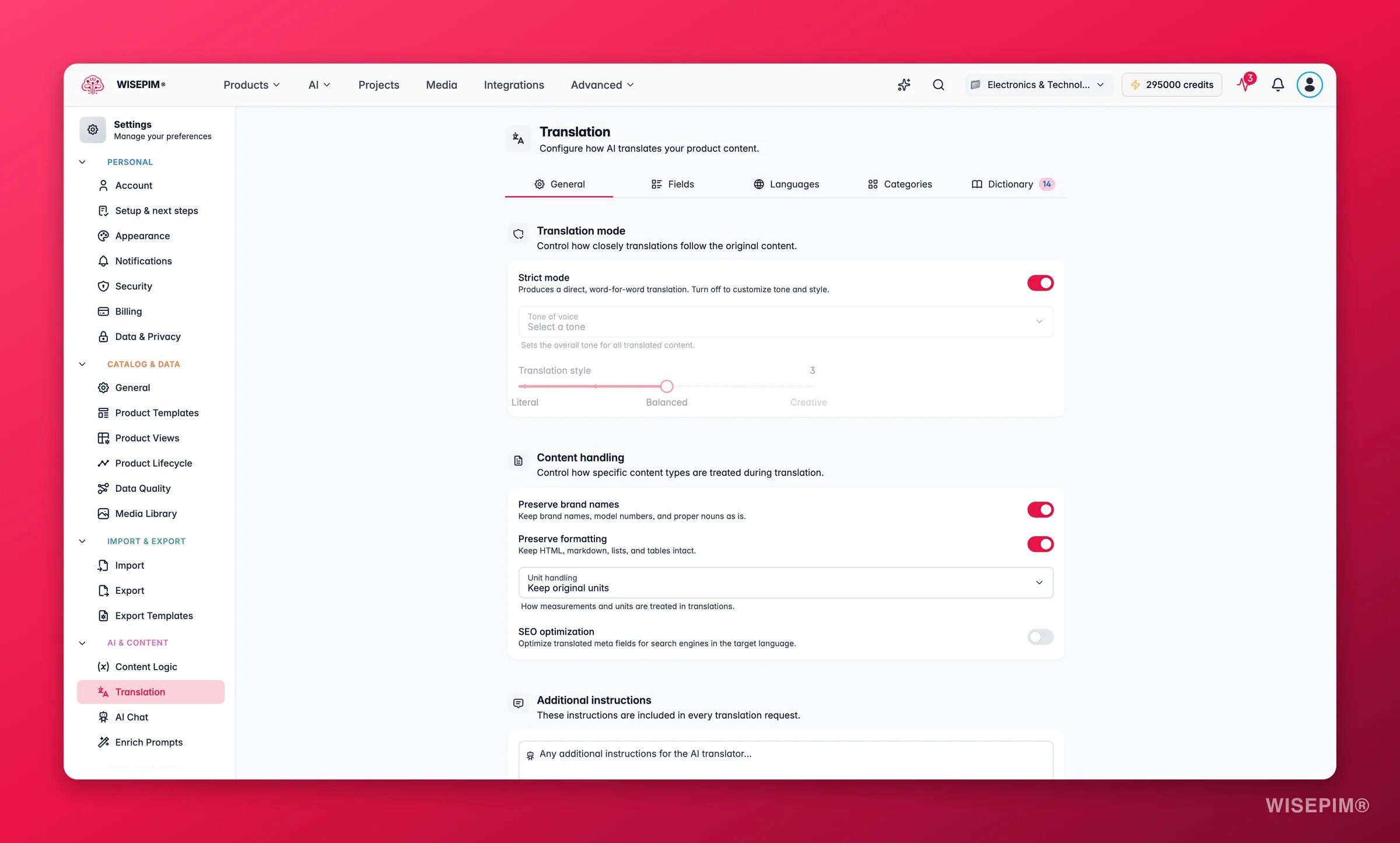 WISEPIM translation settings with tone, fields and language controls