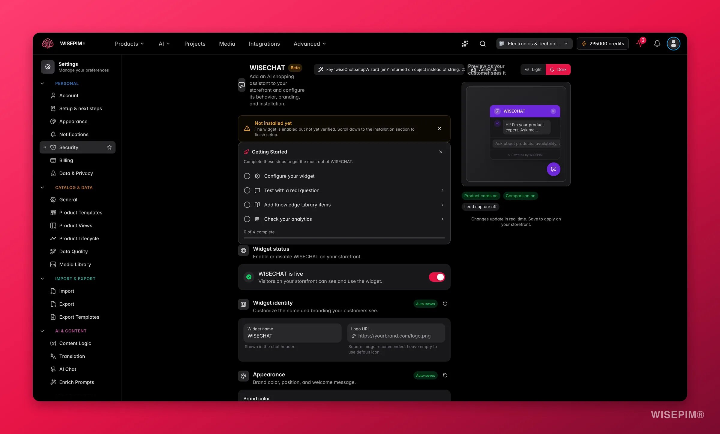 WISEPIM WISECHAT setup wizard with a live preview of the storefront AI shopping assistant
