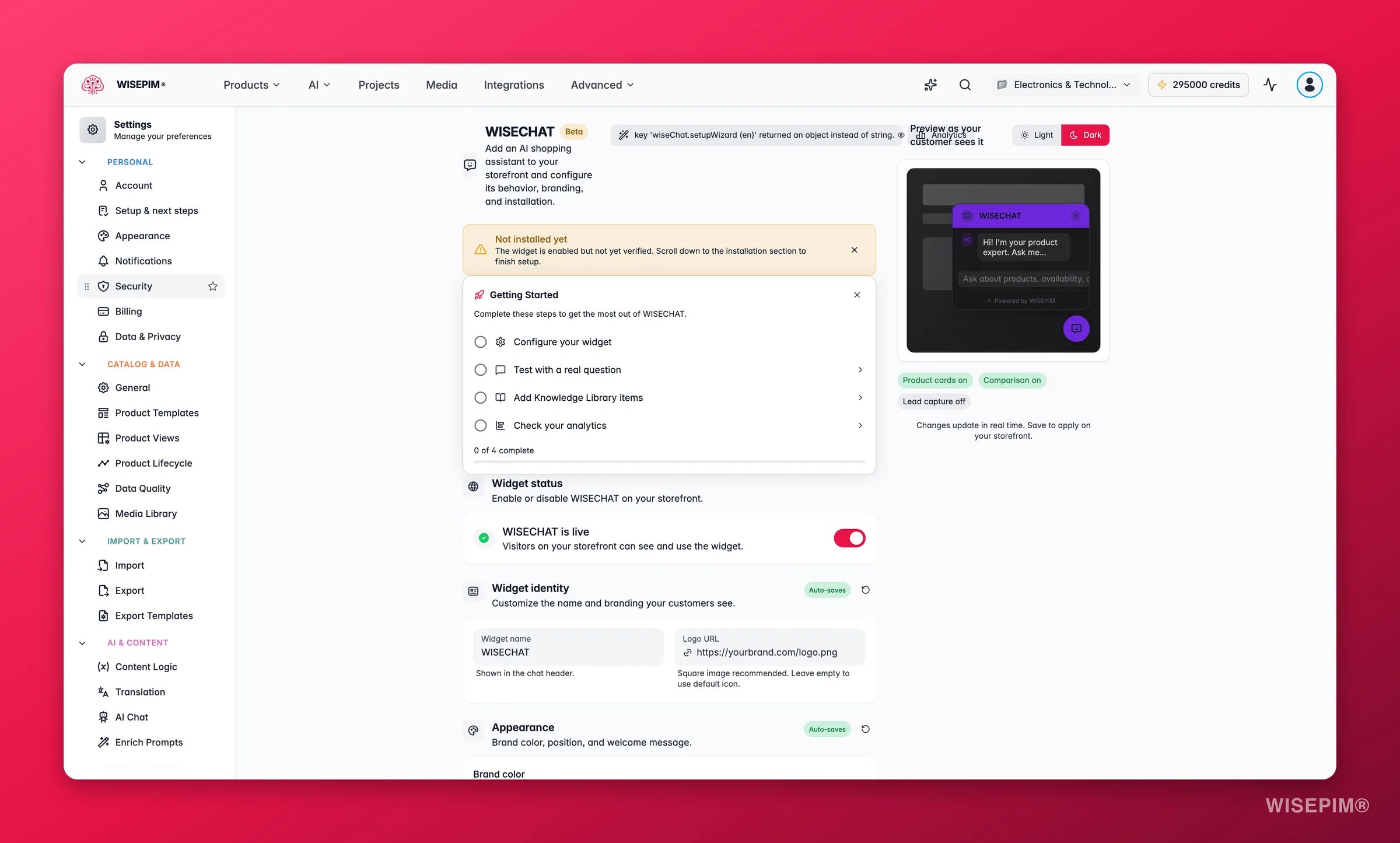 WISEPIM WISECHAT setup wizard with a live preview of the storefront AI shopping assistant