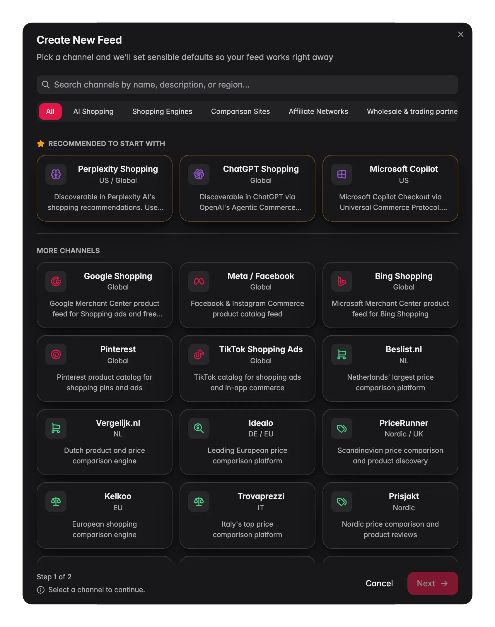 WISEPIM Feed Hub create-feed wizard choosing a channel from Google, Meta and marketplaces