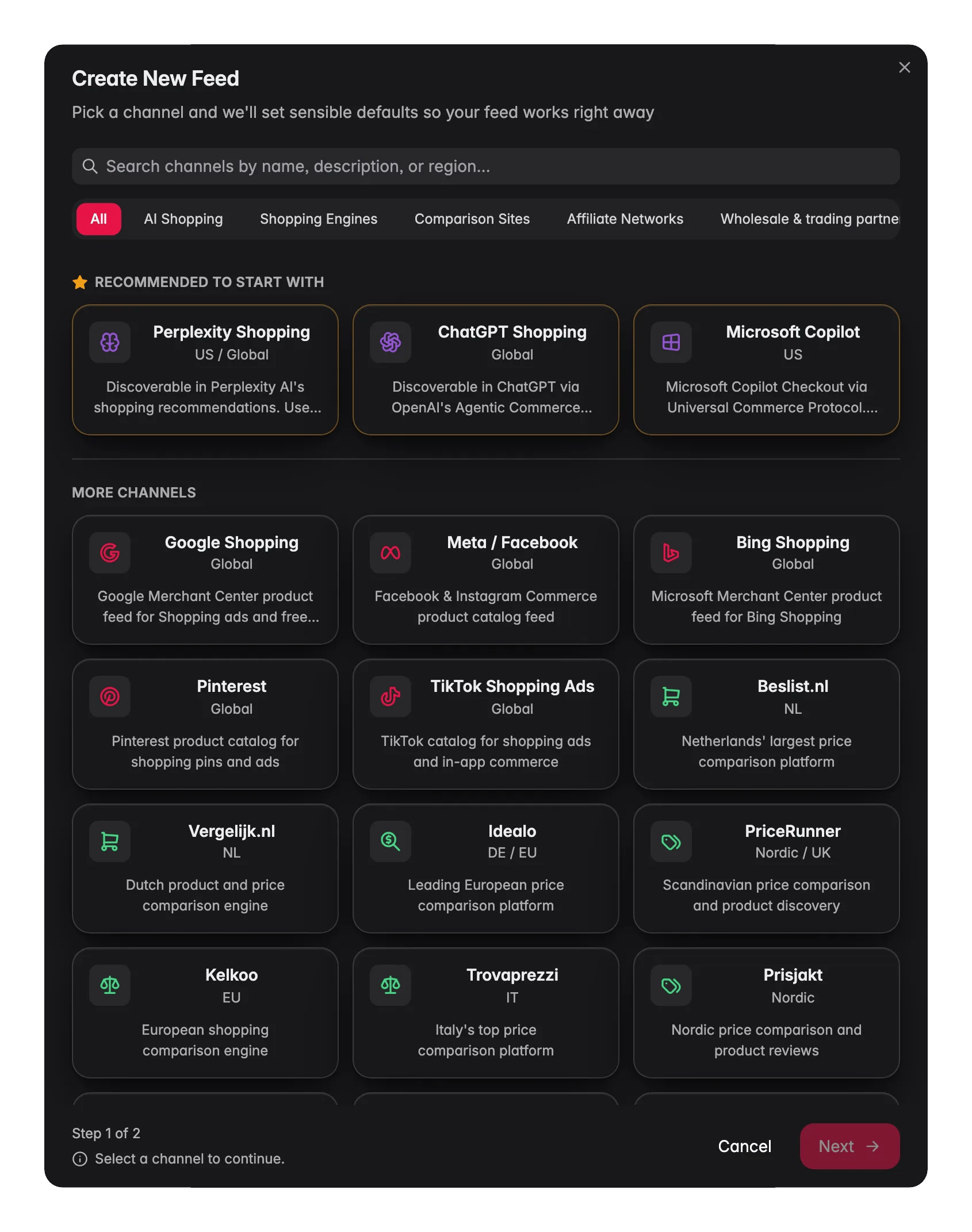 WISEPIM Feed Hub create-feed wizard choosing a channel from Google, Meta and marketplaces