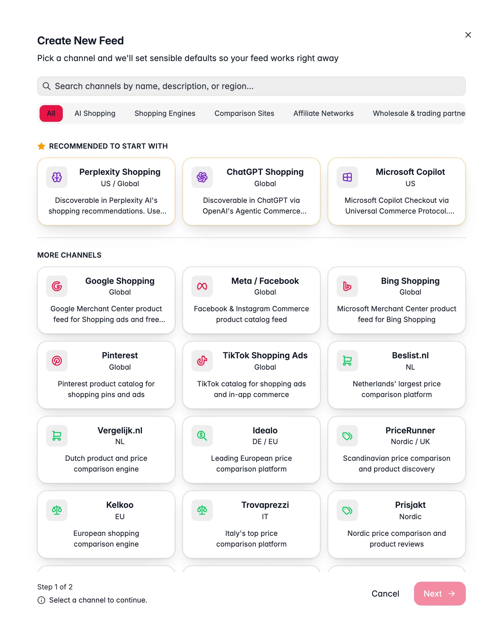 WISEPIM Feed Hub create-feed wizard choosing a channel from Google, Meta and marketplaces