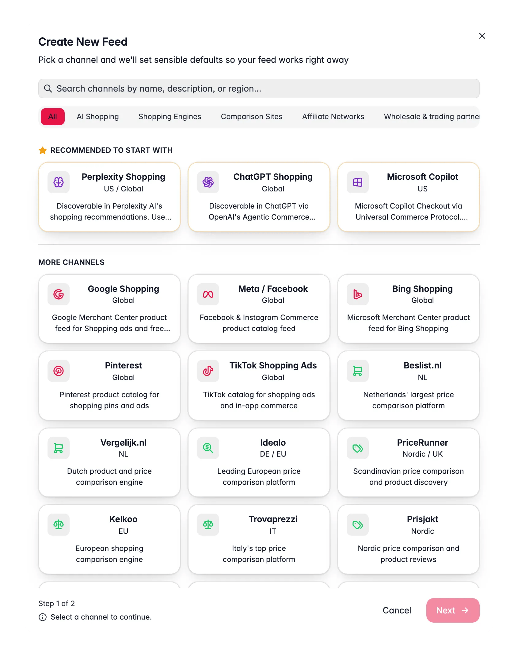 WISEPIM Feed Hub create-feed wizard choosing a channel from Google, Meta and marketplaces