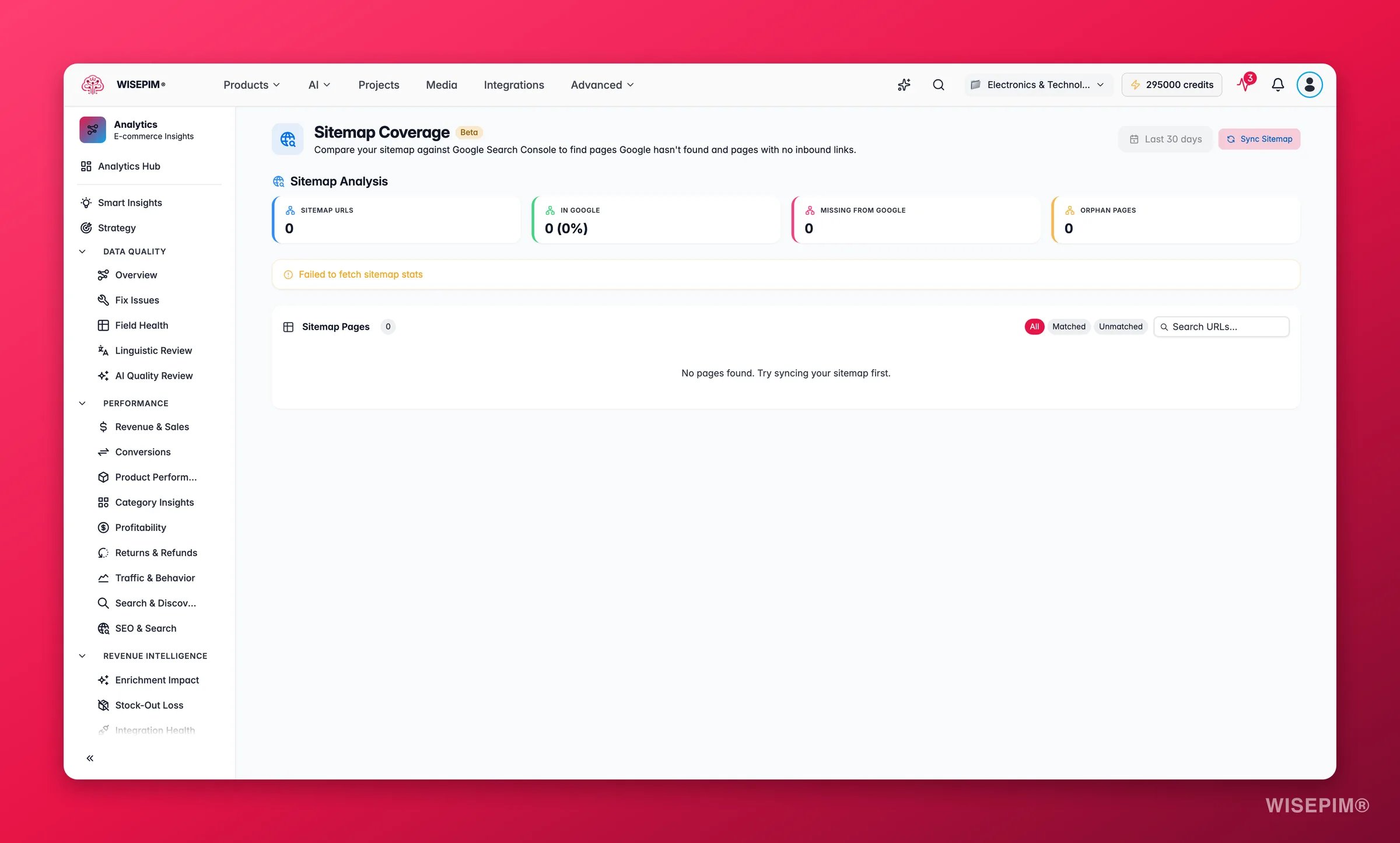 WISEPIM SEO sitemap coverage cross-referenced with Search Console data