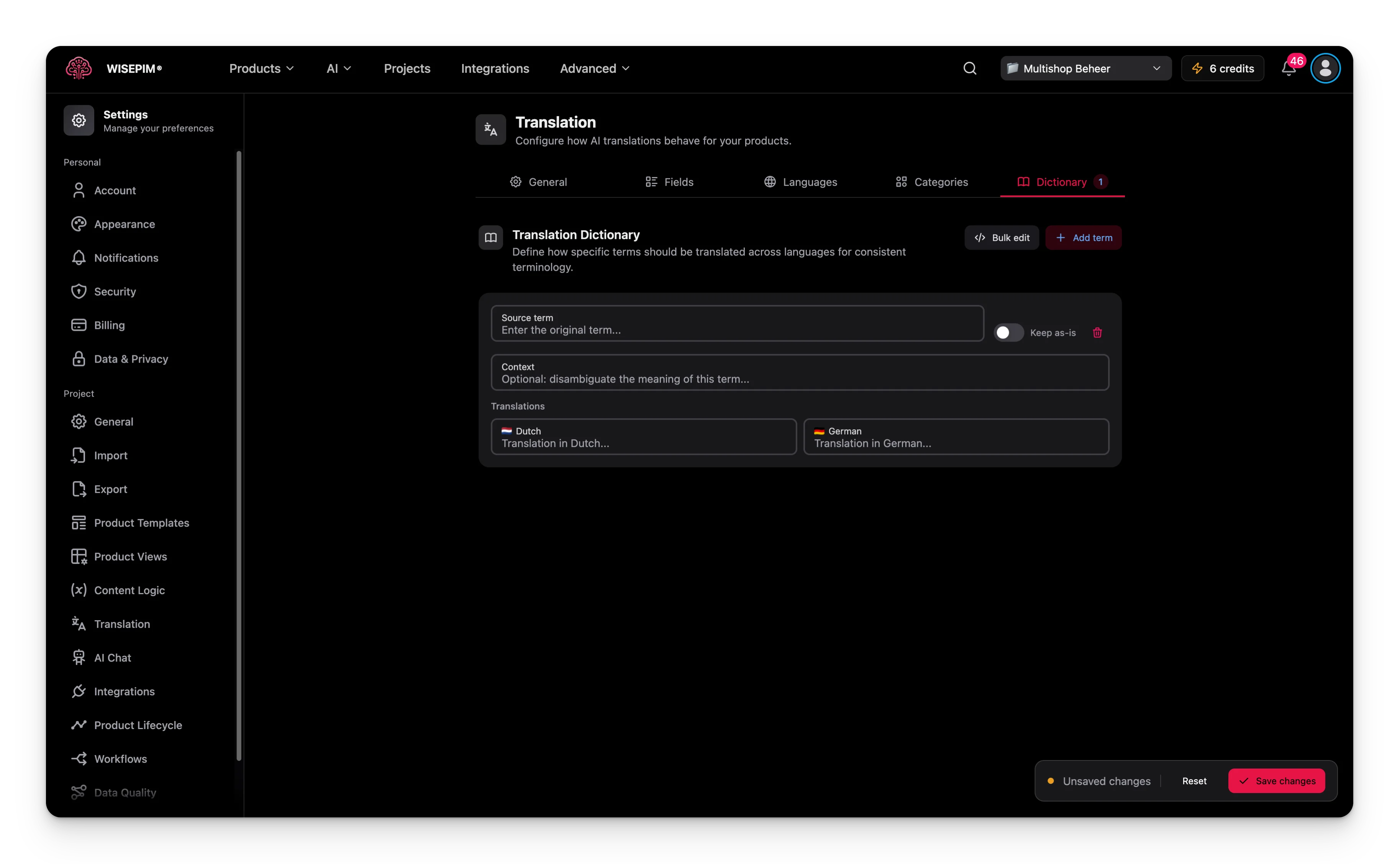 Tabblad Woordenboek van de vertaalinstellingen met een bronterm met vertalingen voor Nederlands en Duits