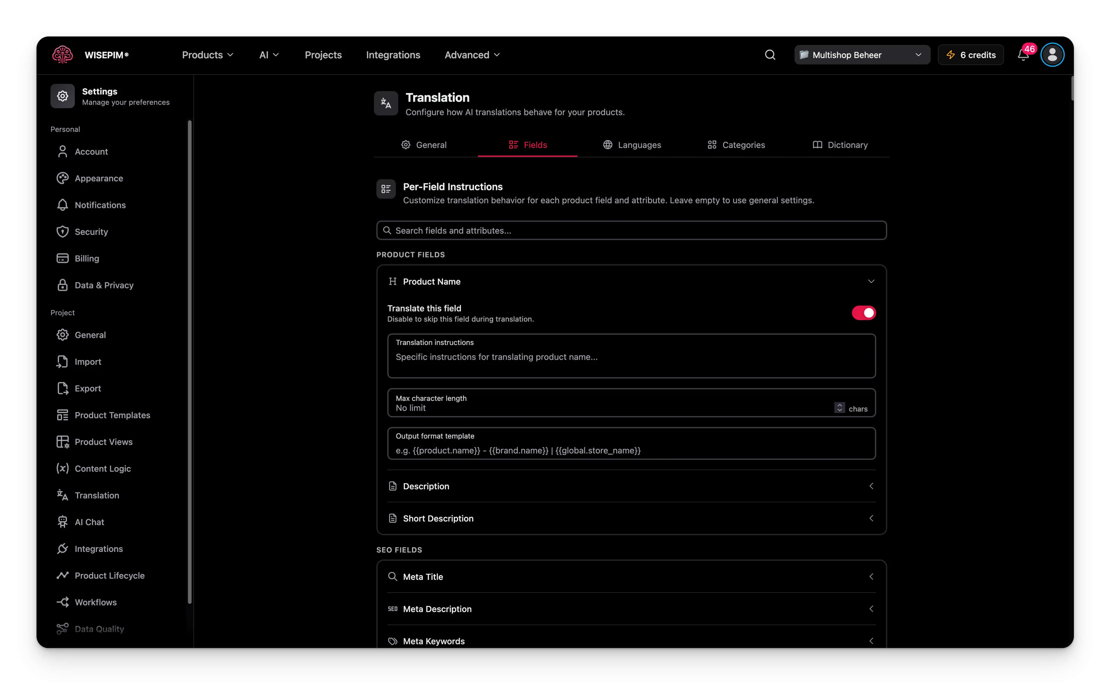Tabblad Velden van de vertaalinstellingen met veldinstructies voor productnaam, beschrijving en SEO-velden