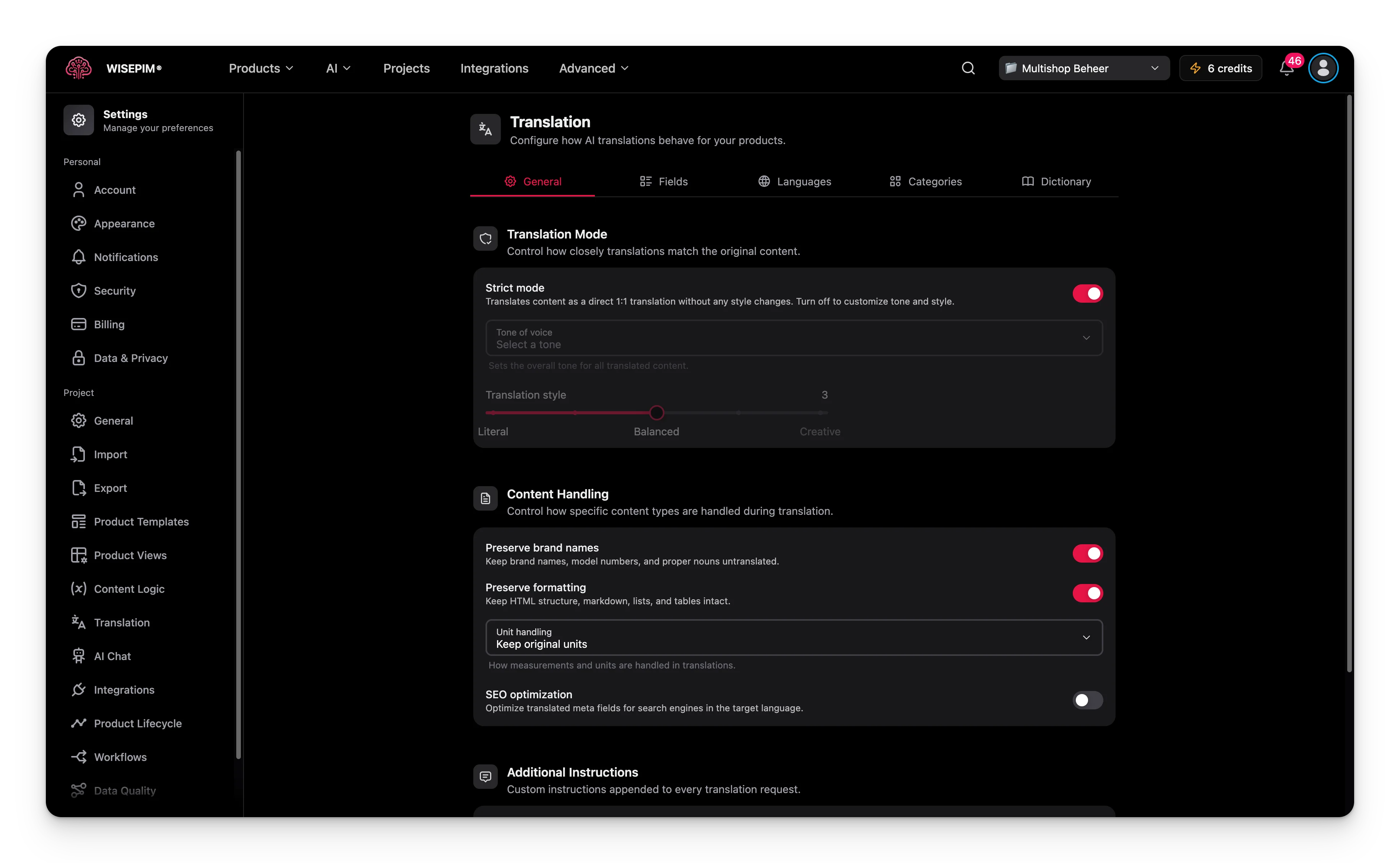 Pagina met vertaalinstellingen met het tabblad Algemeen, vertaalmodus, inhoudsverwerking en aanvullende instructies