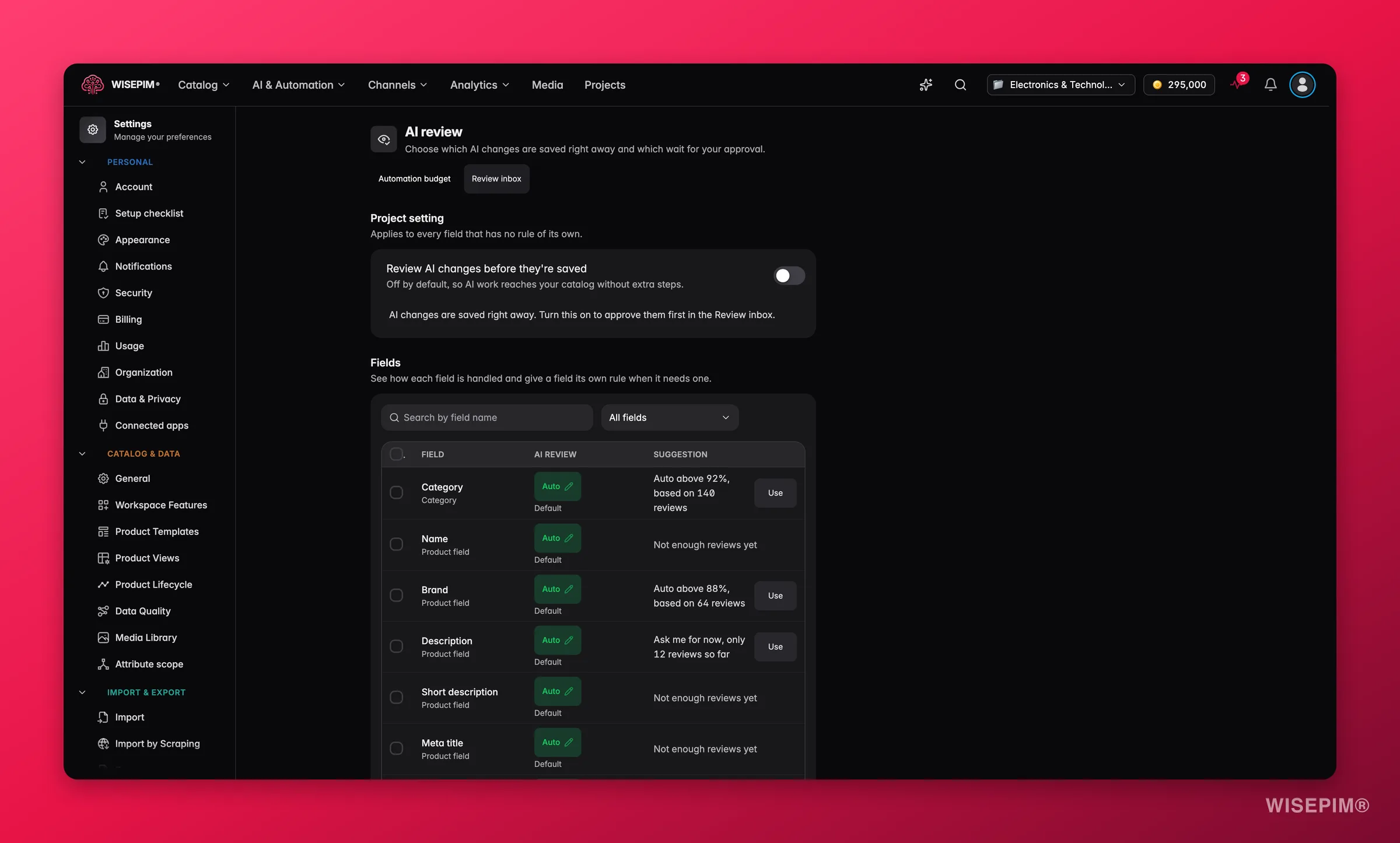 WISEPIM-Einstellungen zur KI-Prüfung mit dem Projektschalter zum Prüfen von KI-Änderungen und einer Tabelle mit Prüfregeln und Vorschlägen pro Feld