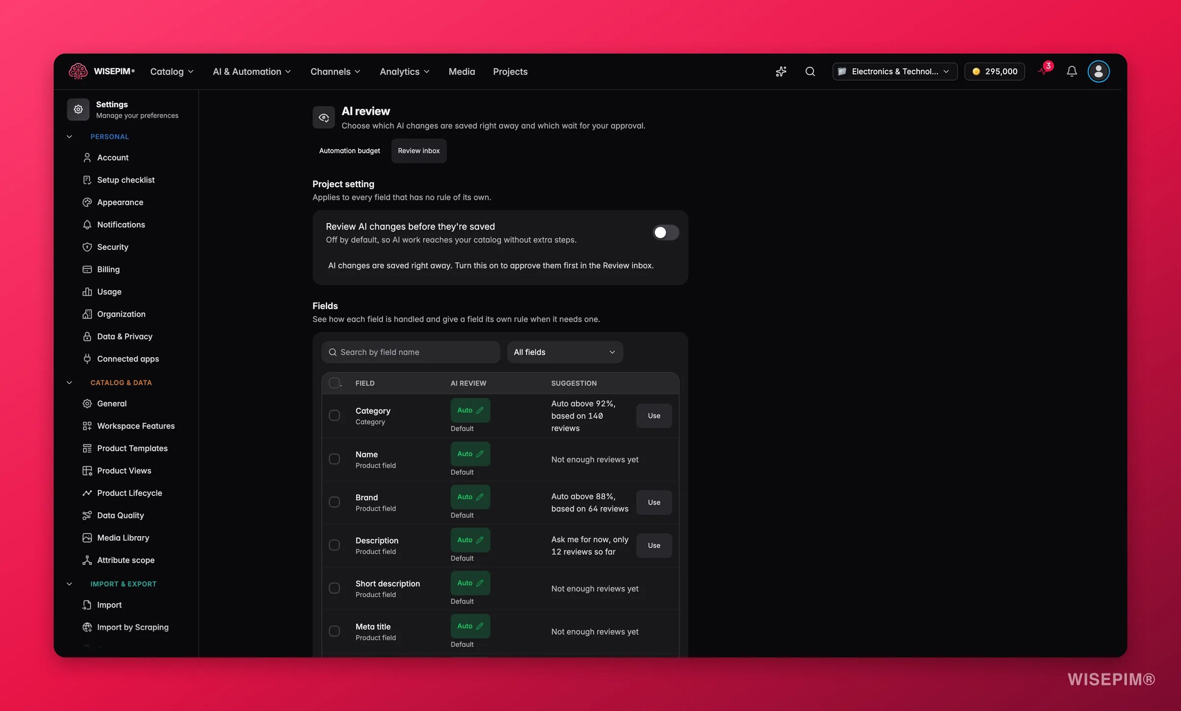 WISEPIM AI review settings with the project switch to review AI changes and a per-field table of review rules and suggestions