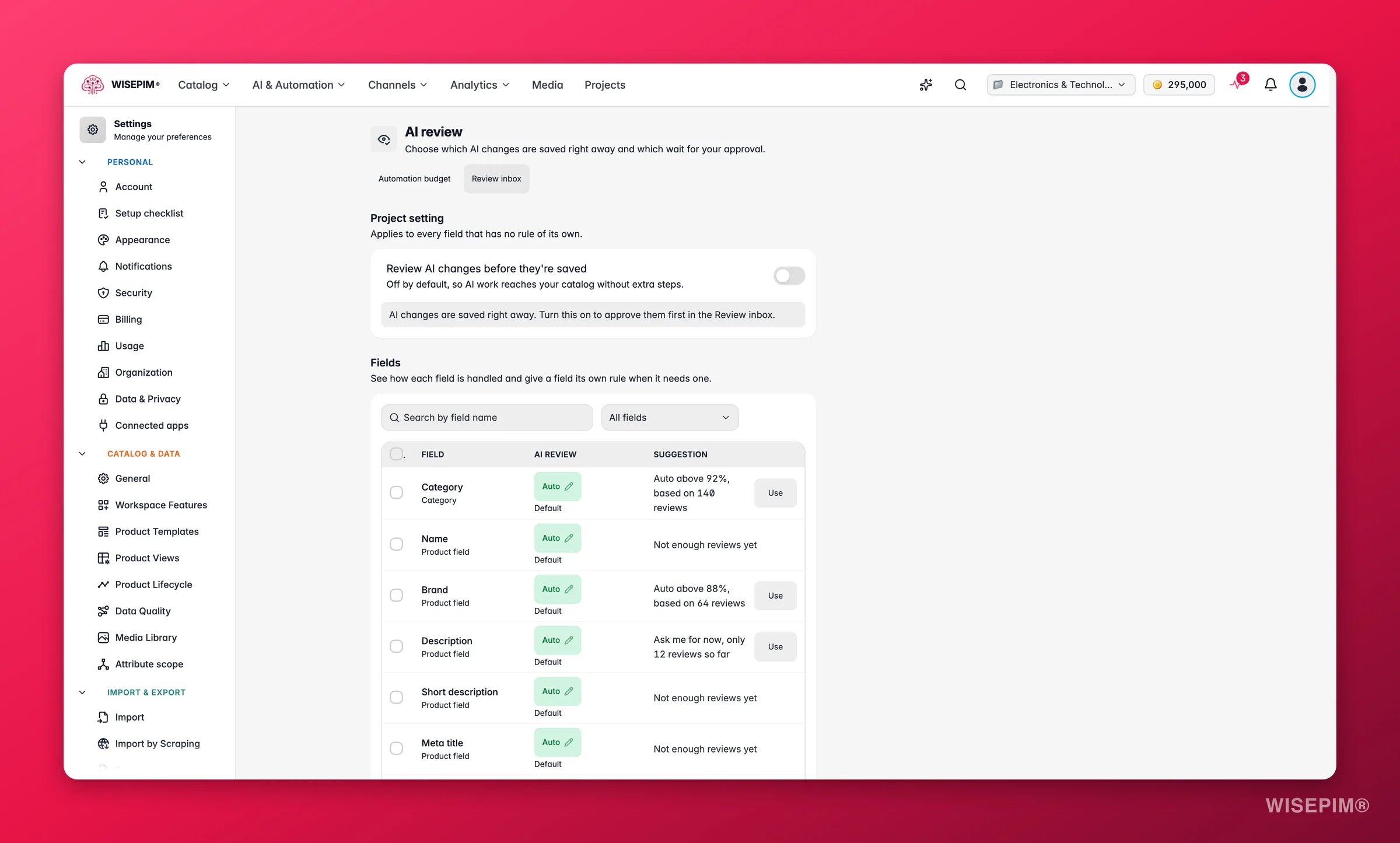 WISEPIM AI review settings with the project switch to review AI changes and a per-field table of review rules and suggestions