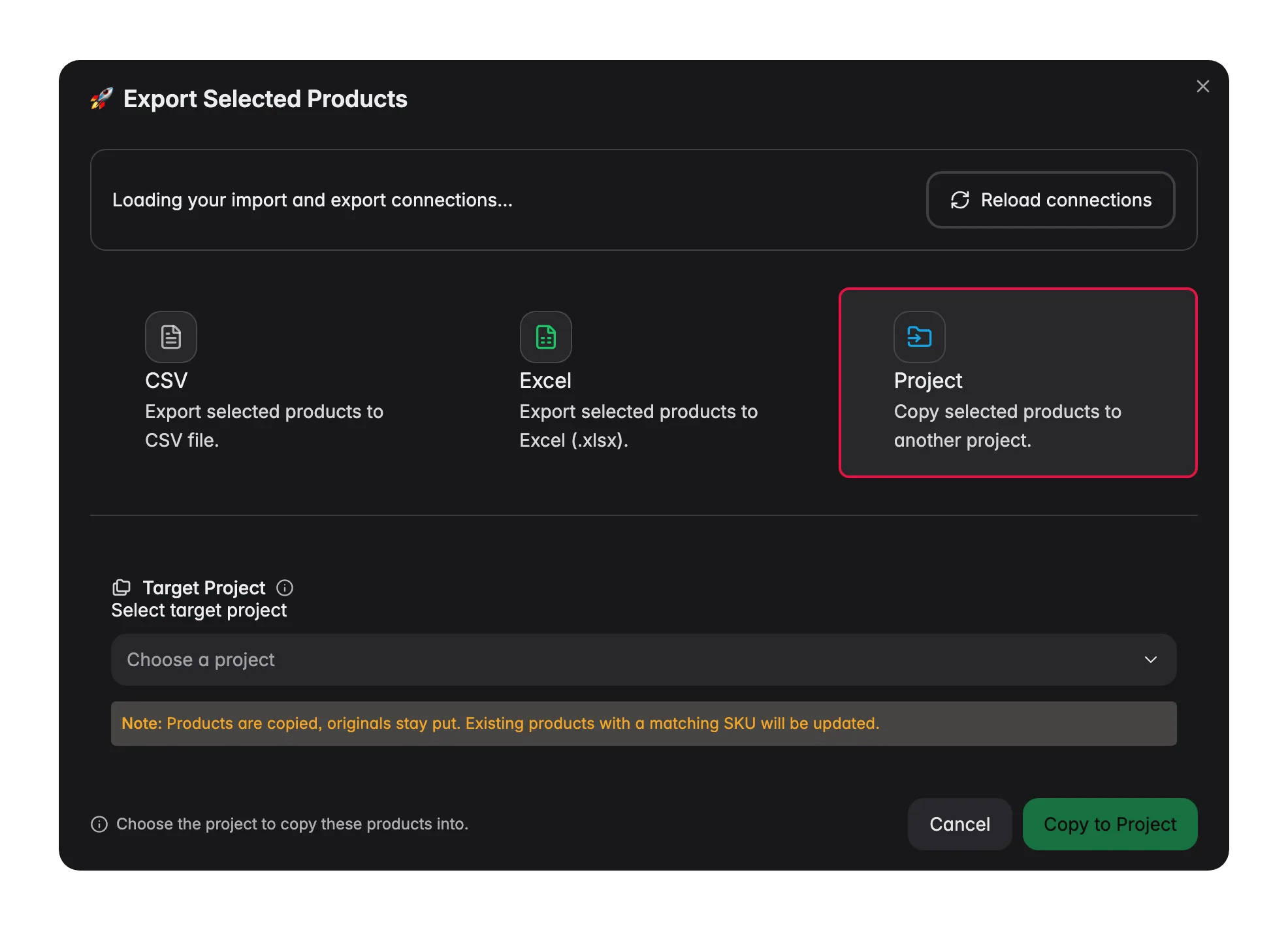 WISEPIM export modal copying selected products into another project with SKU-merge note