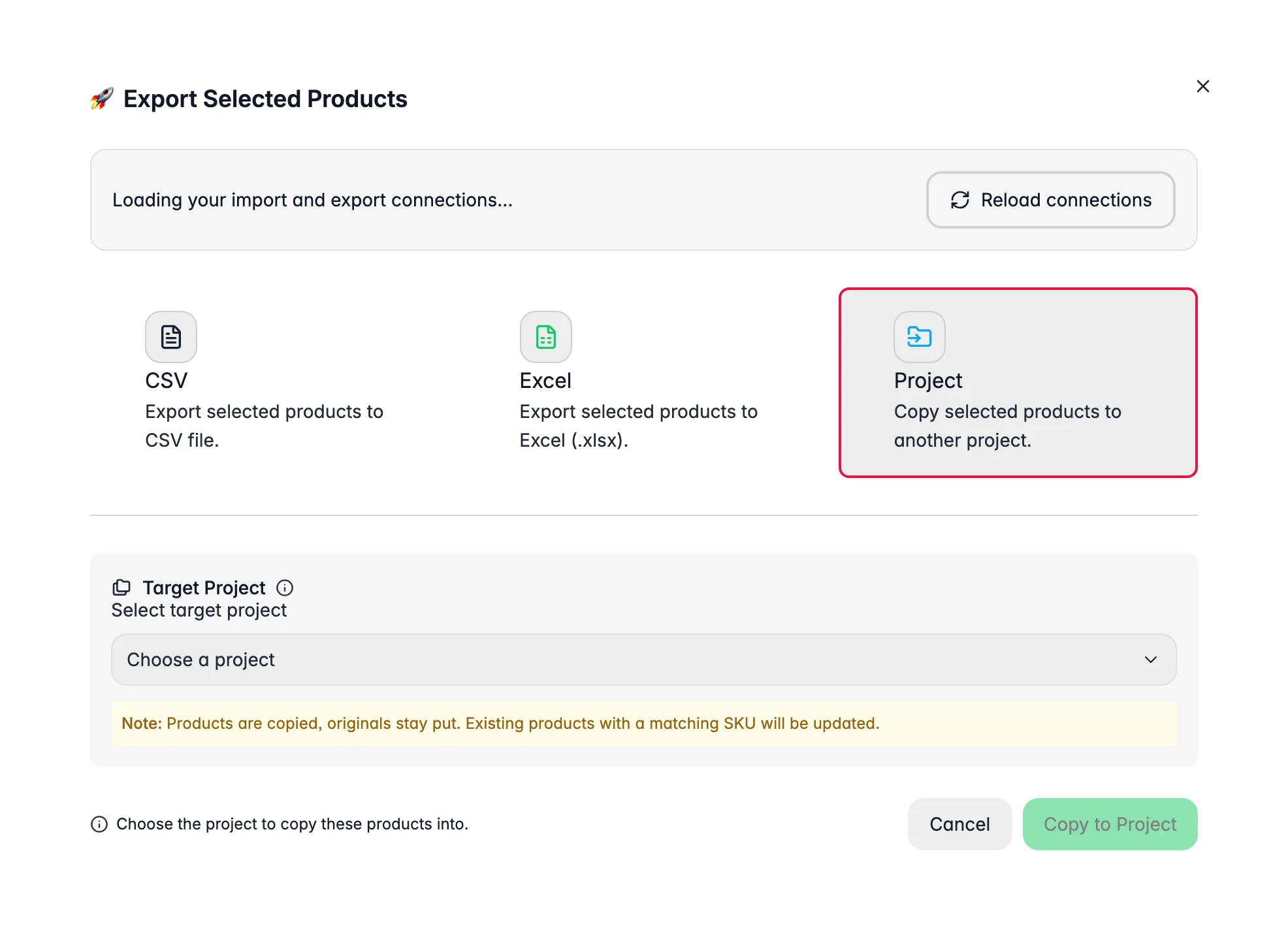 WISEPIM export modal copying selected products into another project with SKU-merge note