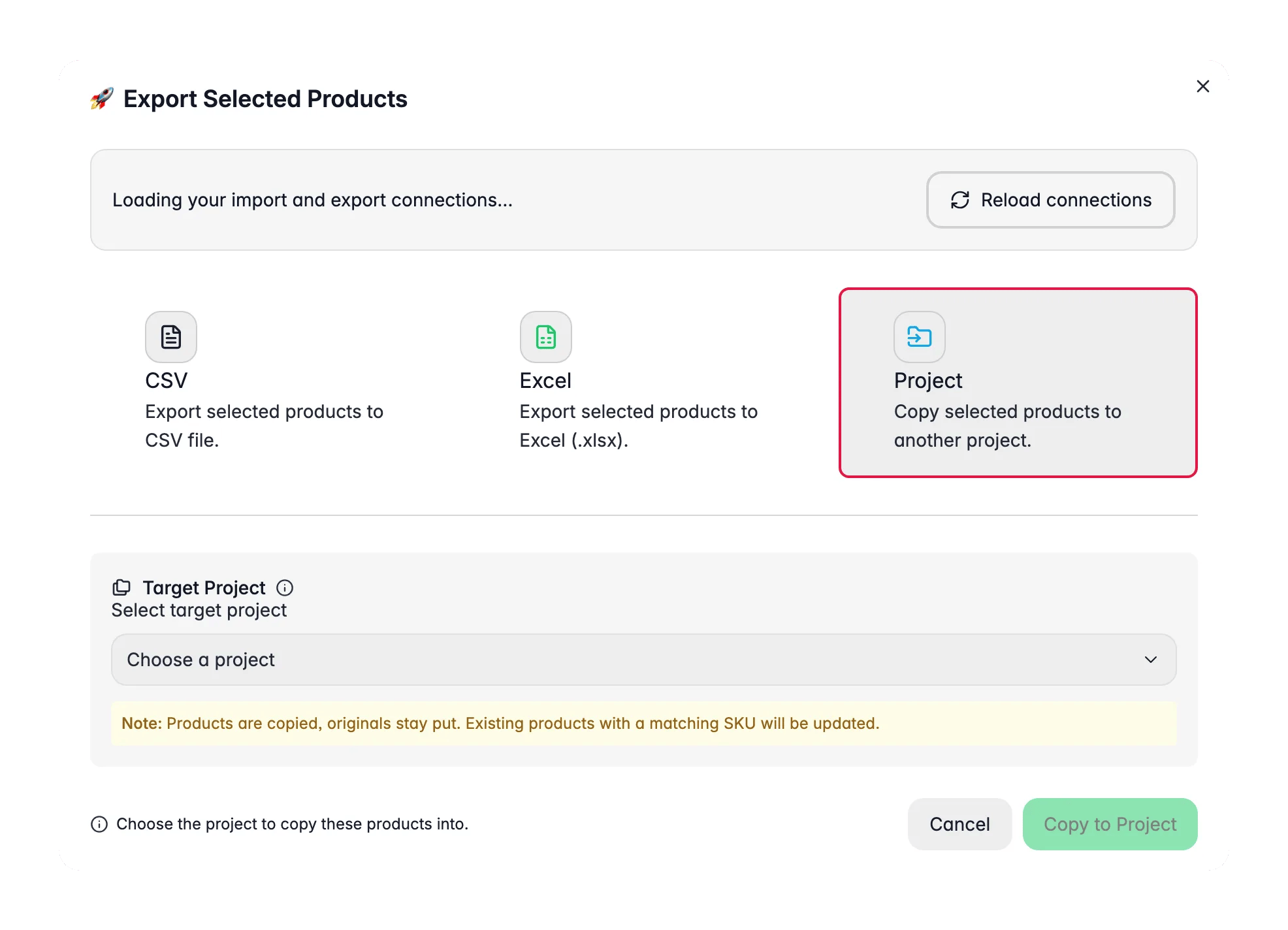 WISEPIM export modal copying selected products into another project with SKU-merge note