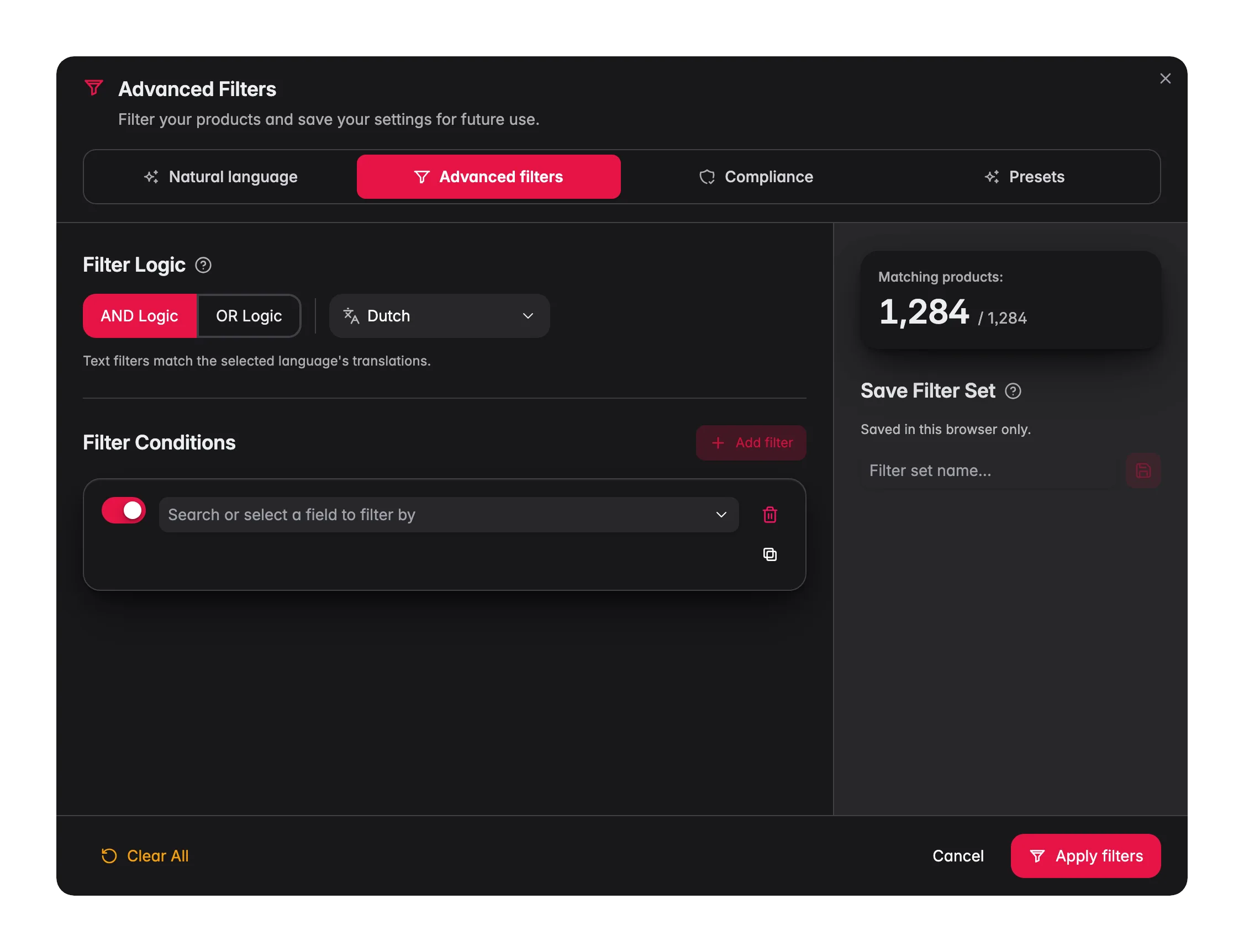 Building advanced product filter conditions in WISEPIM